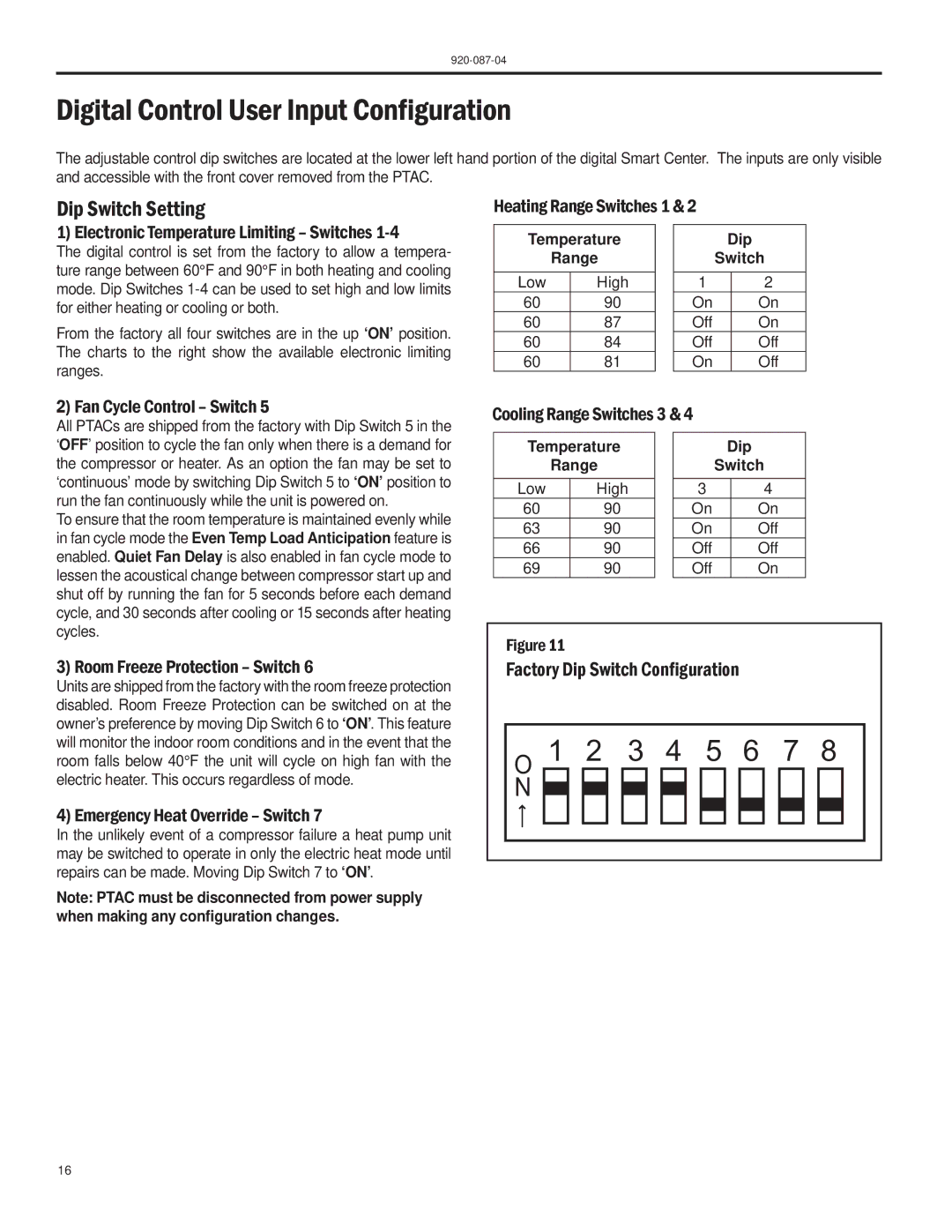 Friedrich HEAT PUMPS manual Digital Control User Input Conﬁguration, Dip Switch Setting, Factory Dip Switch Conﬁguration 