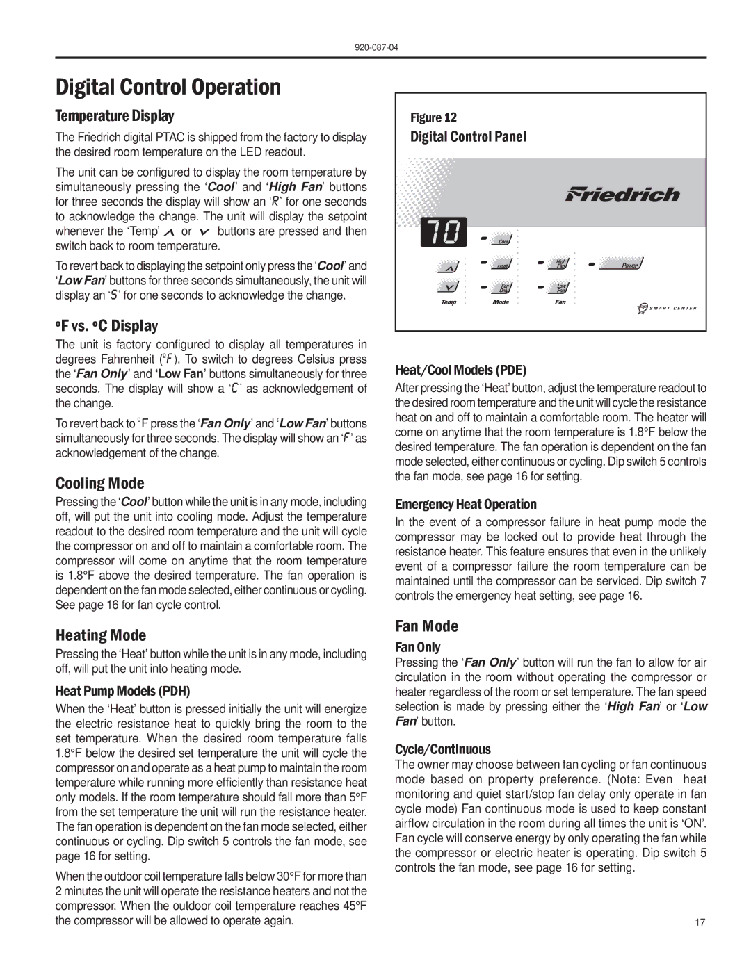 Friedrich HEAT PUMPS manual Digital Control Operation 