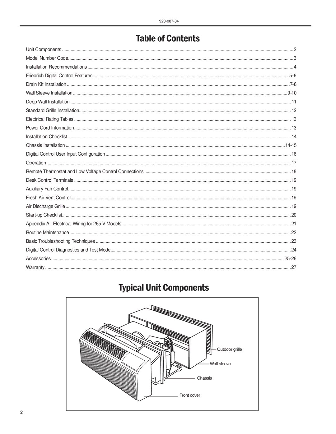 Friedrich HEAT PUMPS manual Table of Contents 