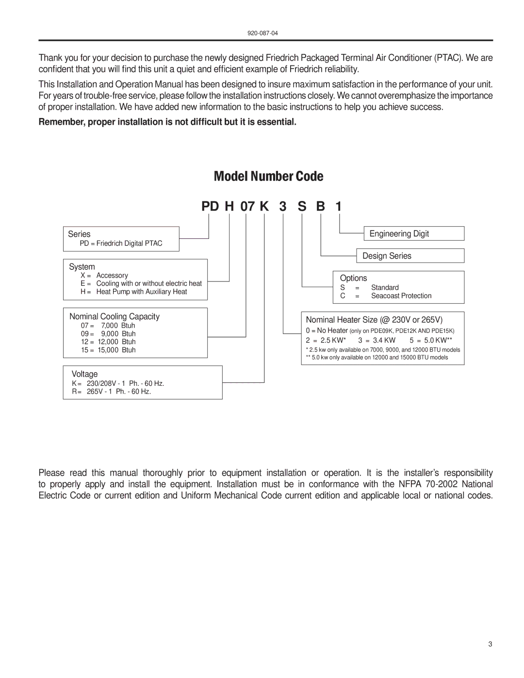 Friedrich HEAT PUMPS manual Model Number Code 