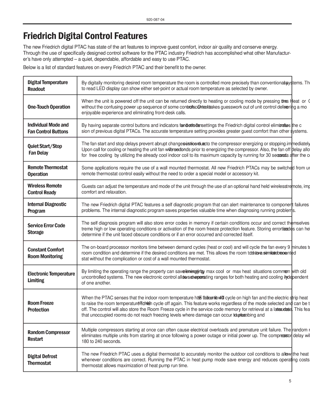 Friedrich HEAT PUMPS manual Friedrich Digital Control Features, Digital Temperature 