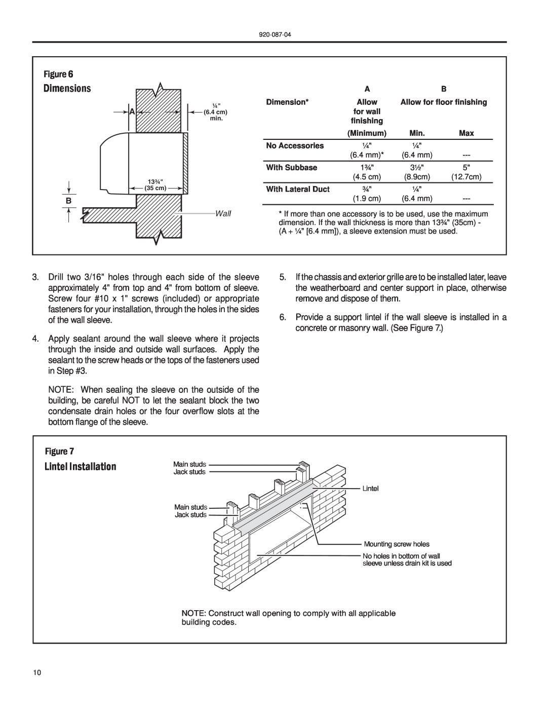 Friedrich HEAT PUMPS manual Dimensions, Lintel Installation, Allow, No Accessories, With Subbase, With Lateral Duct 
