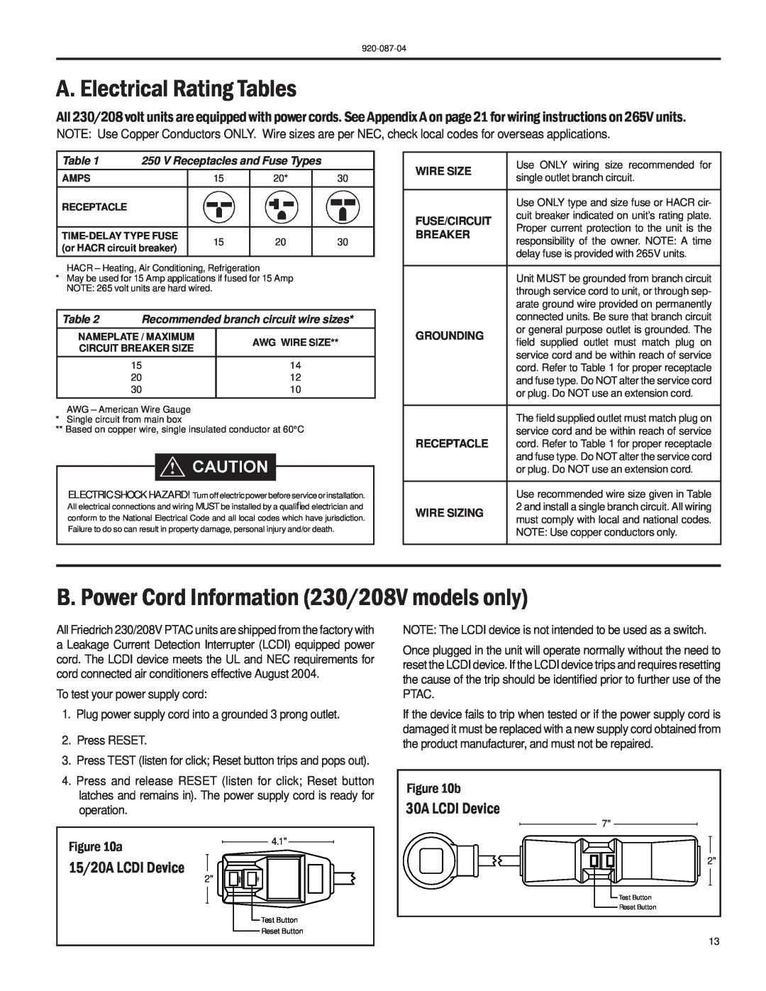 Friedrich HEAT PUMPS manual A. Electrical Rating Tables, B. Power Cord Information 230/208V models only, 15/20A LCDI Device 