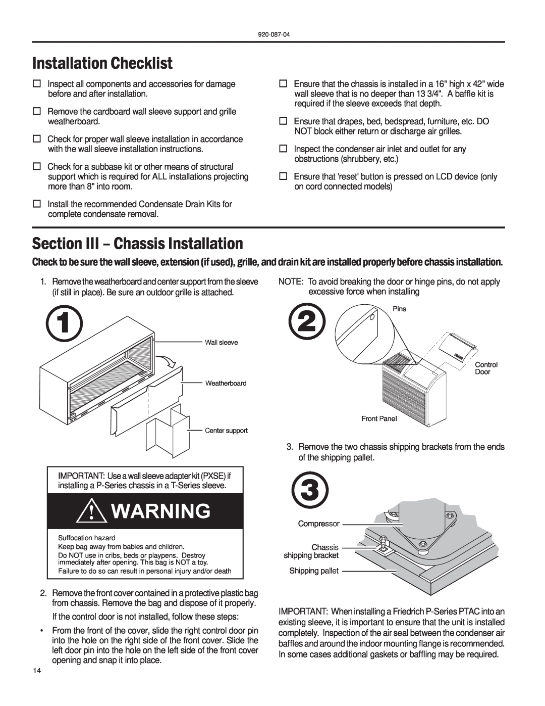 Friedrich HEAT PUMPS manual Installation Checklist, Section III - Chassis Installation, Compressor Chassis shipping bracket 
