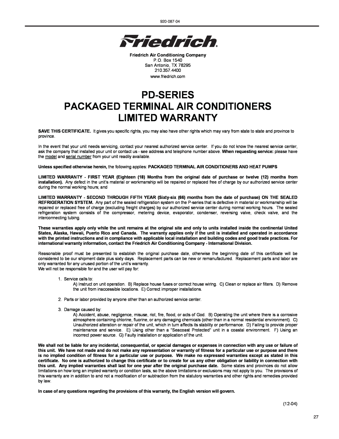 Friedrich HEAT PUMPS manual Pd-Series Packaged Terminal Air Conditioners, Limited Warranty 