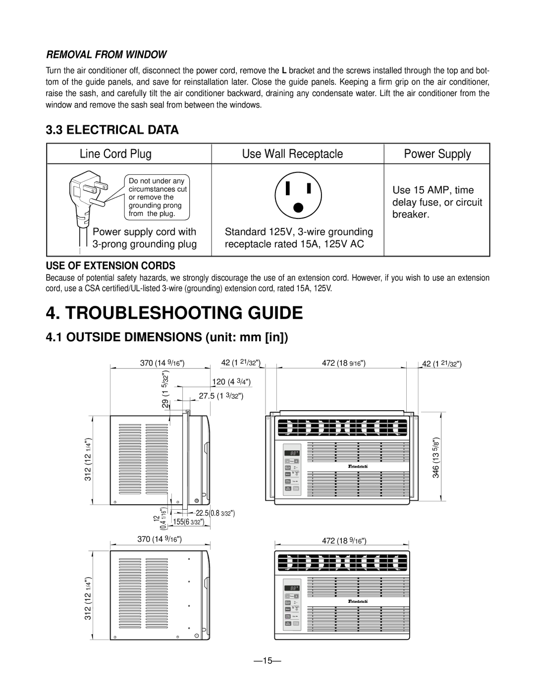 Friedrich KP05A10 KP06A10 manual Troubleshooting Guide, Electrical Data, USE of Extension Cords 