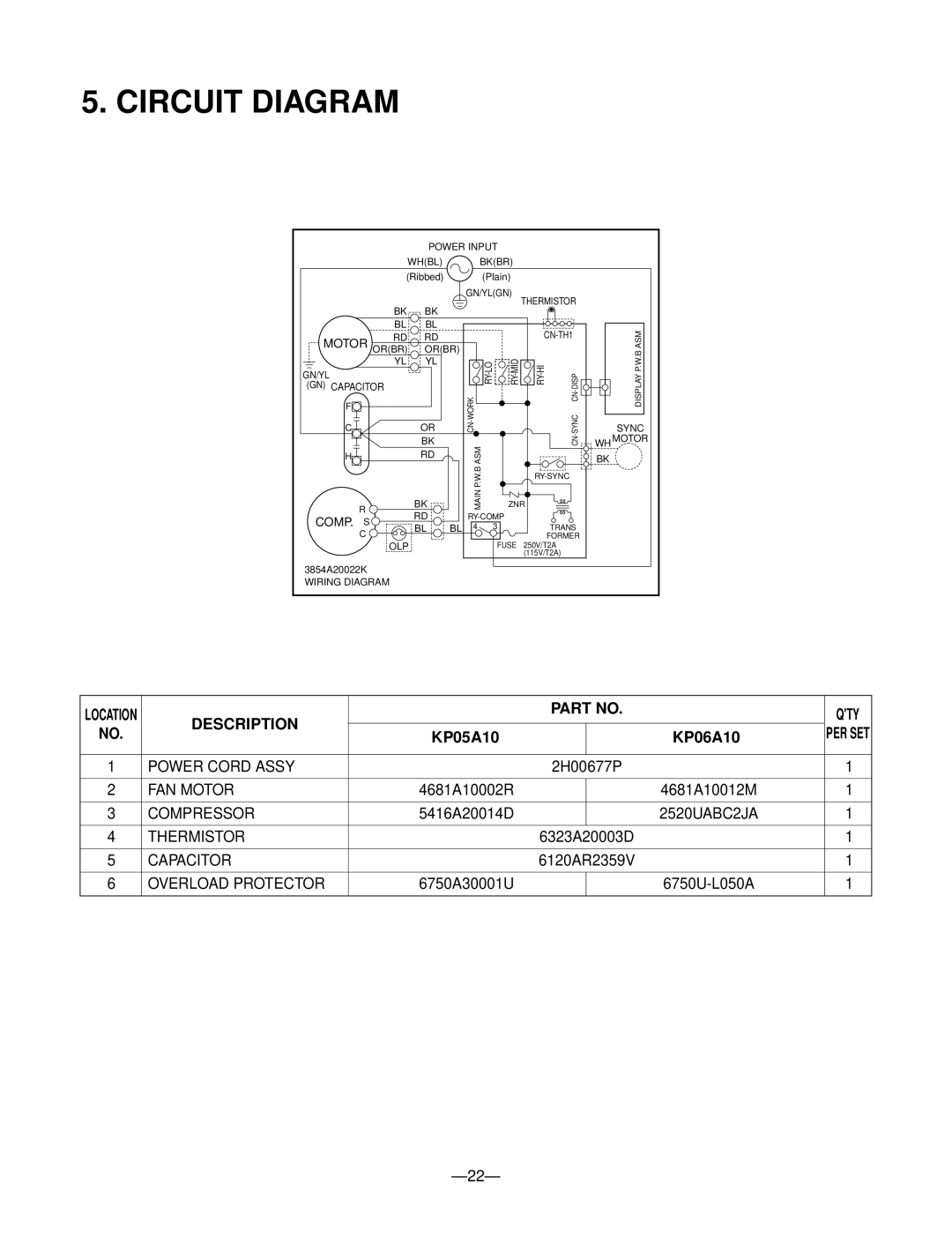 Friedrich KP05A10 KP06A10 manual Circuit Diagram, Description QTY 