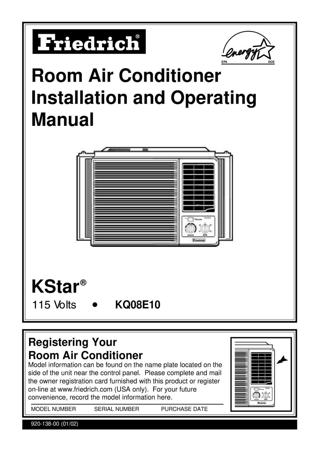 Friedrich KQ08E10 manual Room Air Conditioner Installation and Operating Manual KStar 