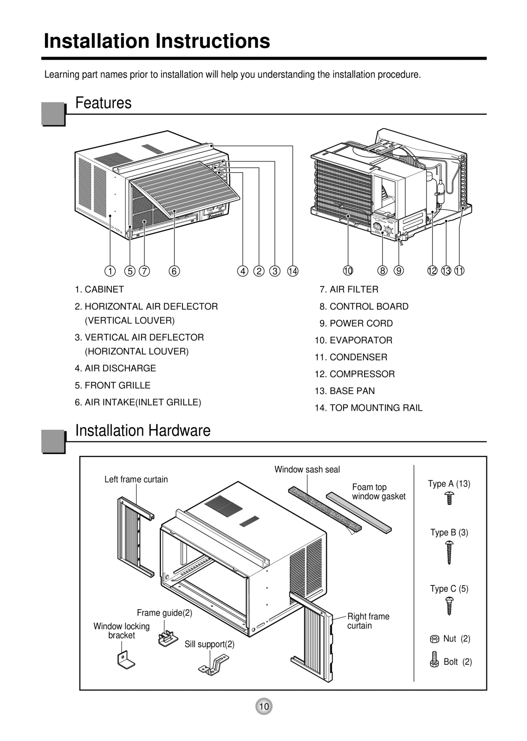 Friedrich KQ08E10 manual Features, Installation Hardware 