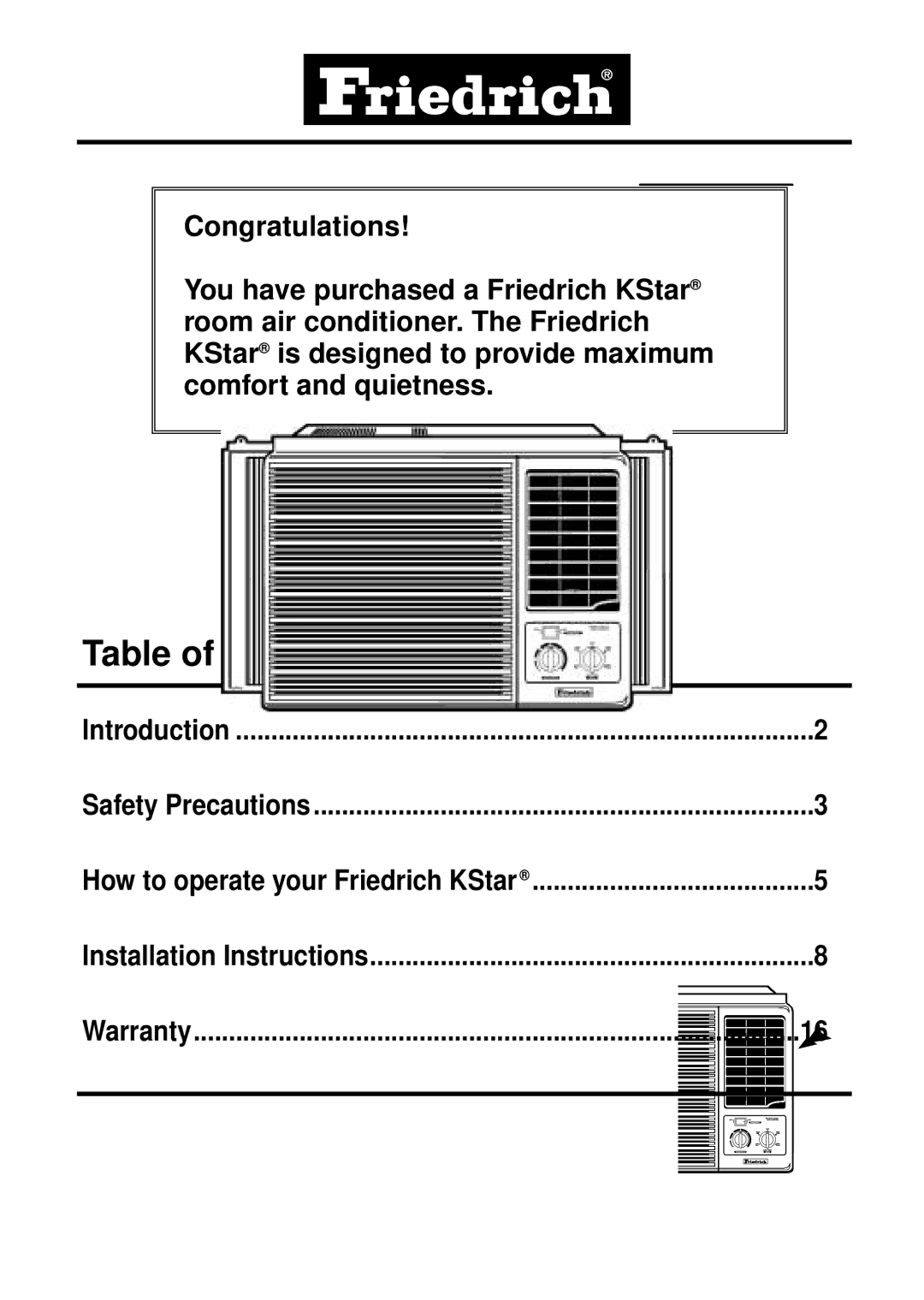 Friedrich KQ08E10 manual Table of Contents 