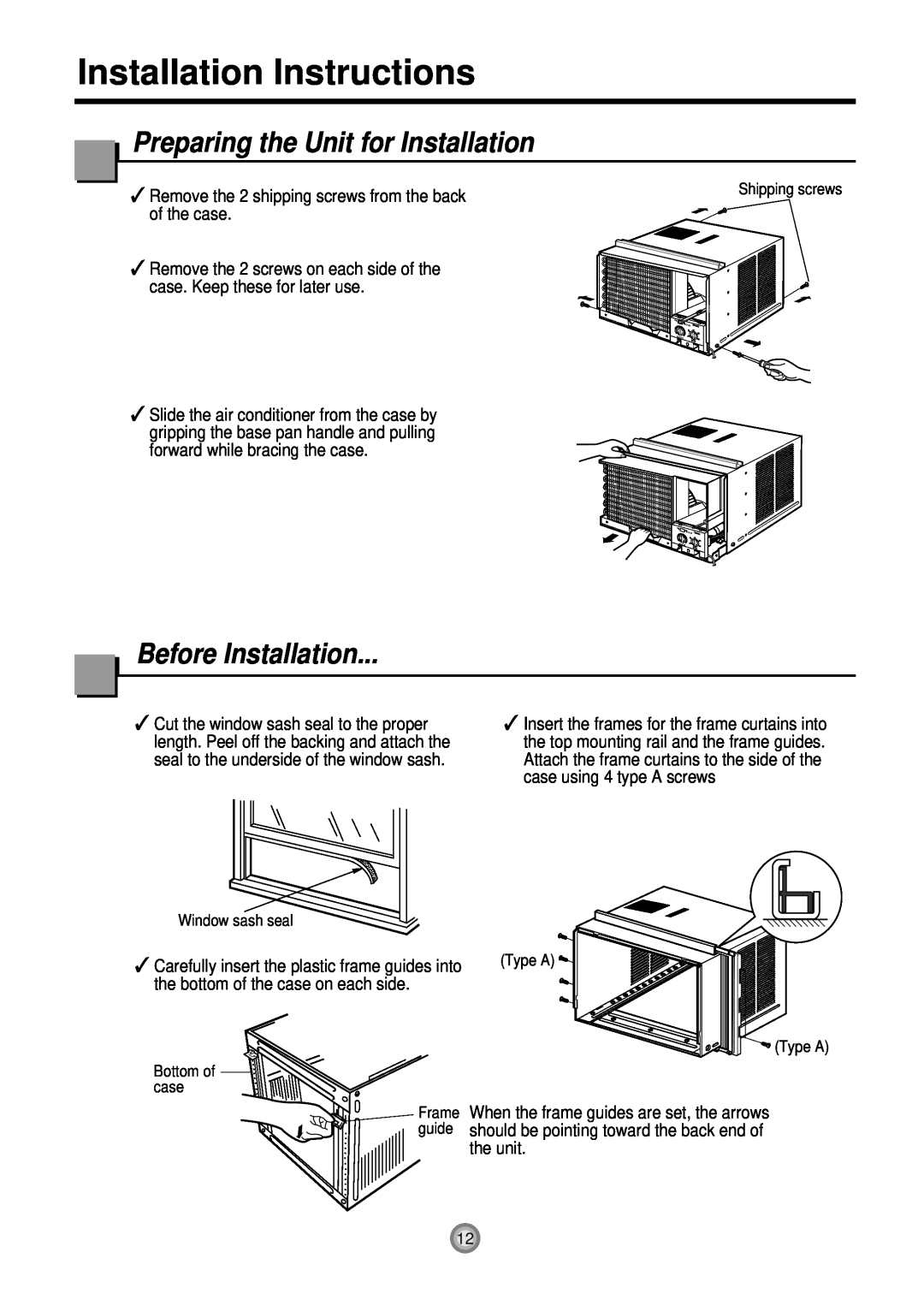 Friedrich KQ08E10 manual Installation Instructions, Preparing the Unit for Installation, Before Installation 