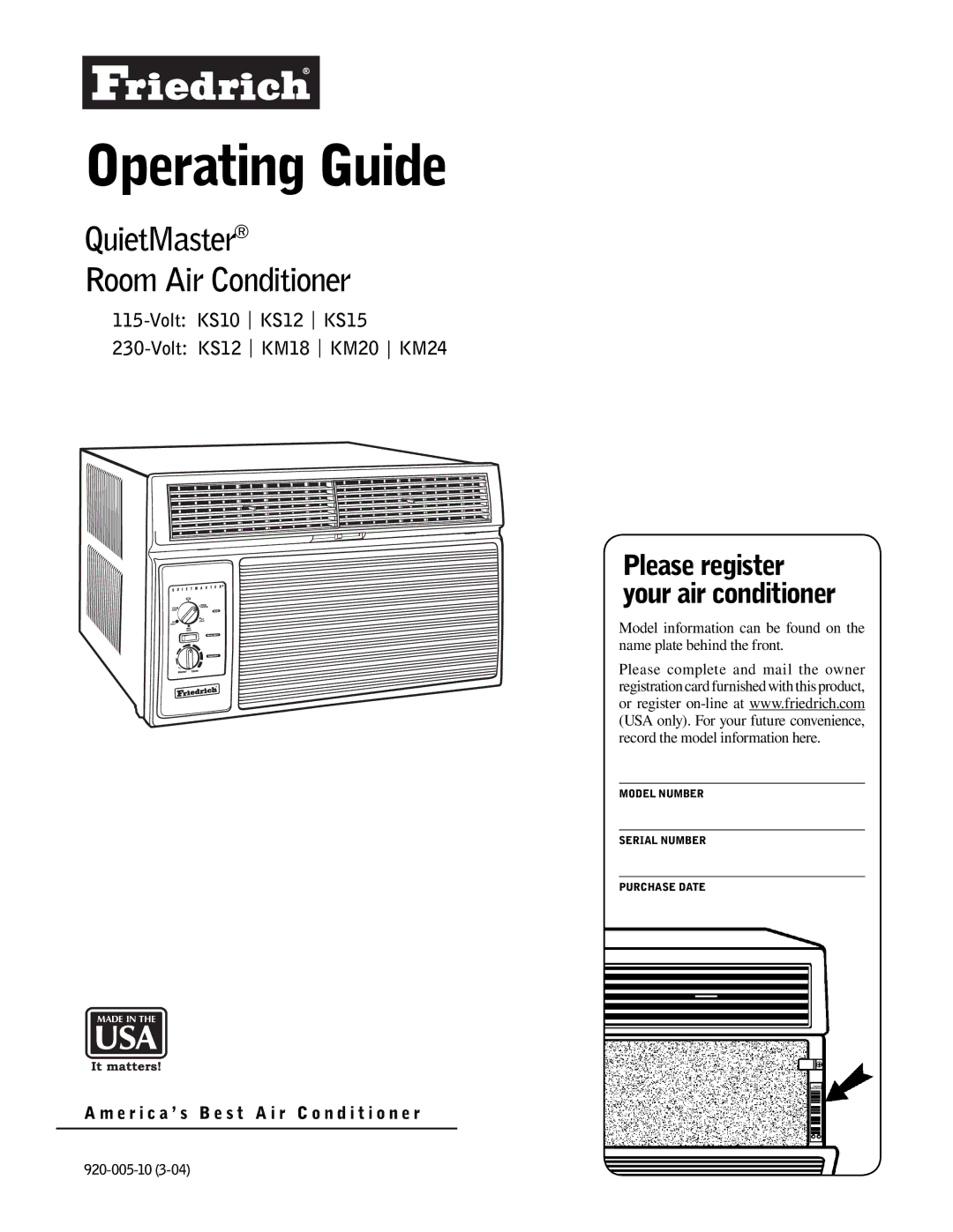 Friedrich KM20, KS10 manual Operating Guide 