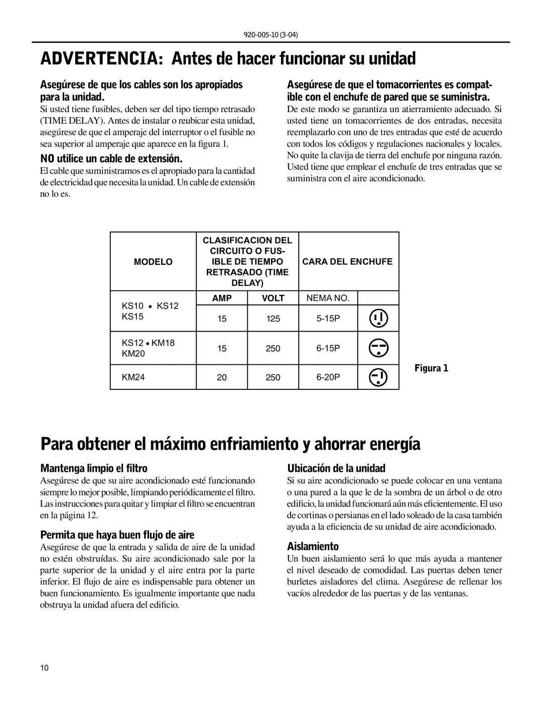 Friedrich KS10, KM20 Advertencia Antes de hacer funcionar su unidad, Para obtener el máximo enfriamiento y ahorrar energía 