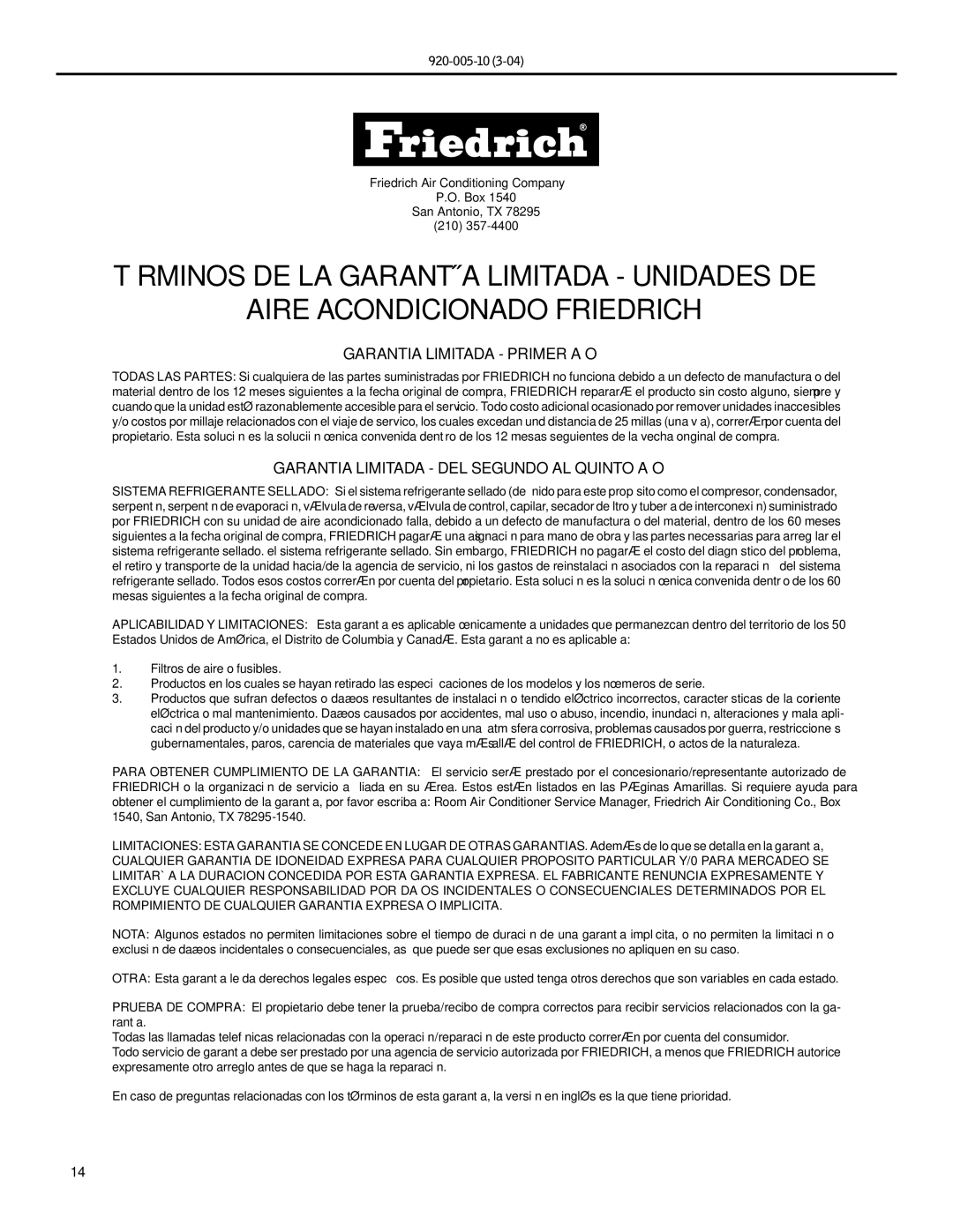 Friedrich KS10, KM20 manual Garantia Limitada Primer AÑO 