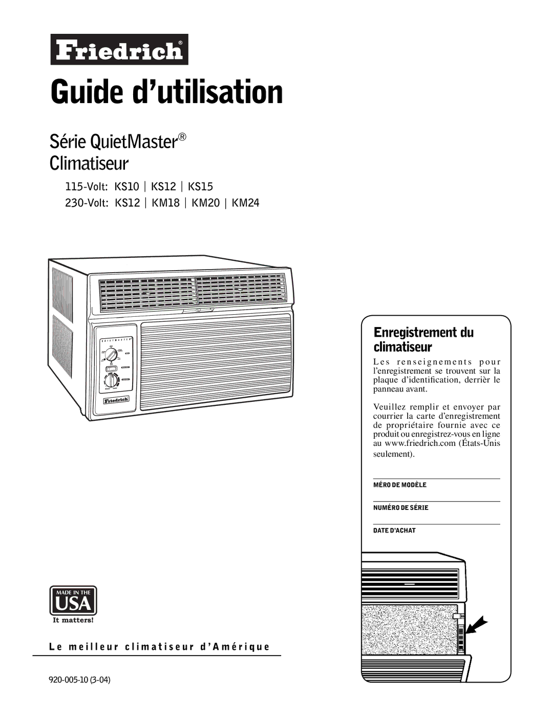 Friedrich KM20, KS10 manual Guide d’utilisation 