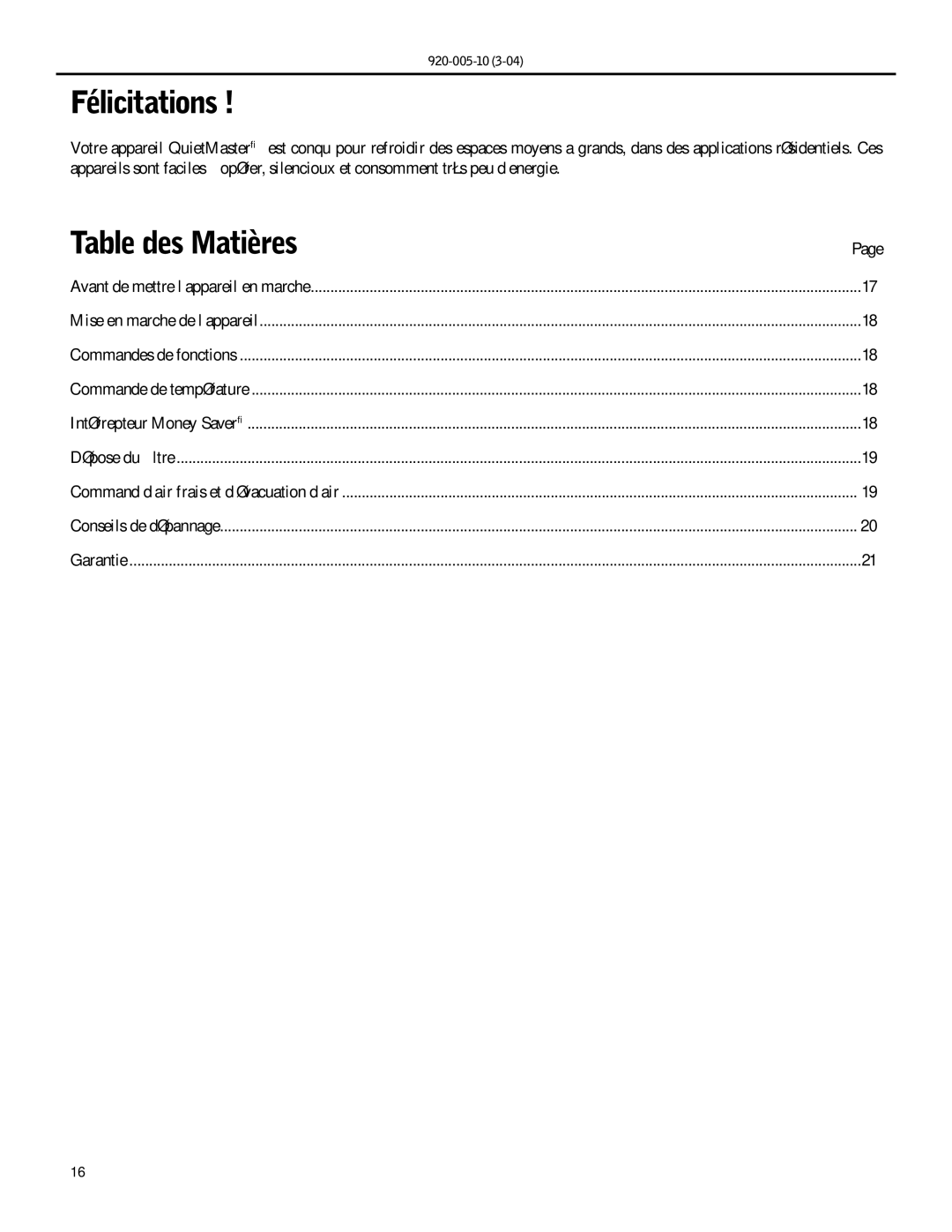 Friedrich KS10, KM20 manual Félicitations, Table des Matières 