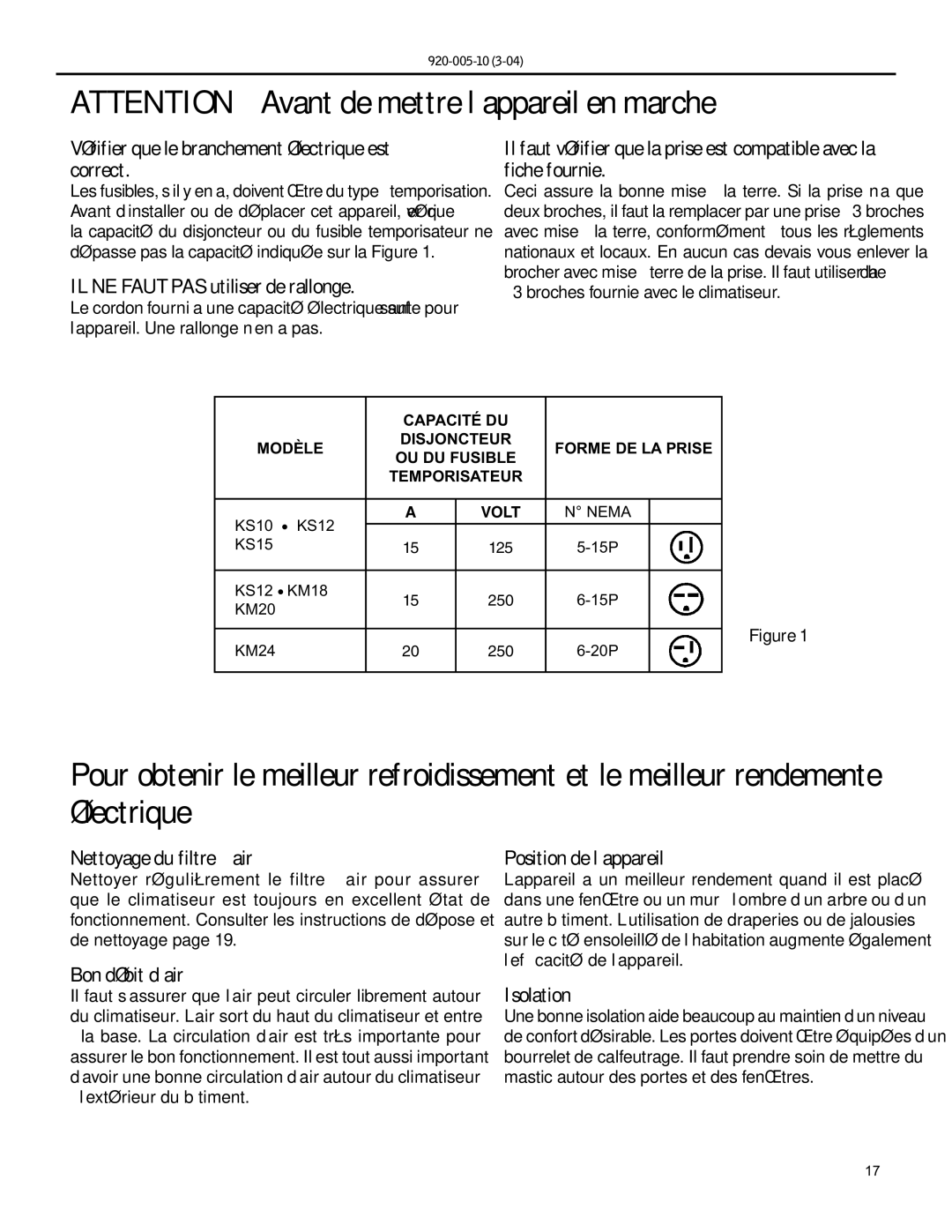 Friedrich KM20 Vérifier que le branchement électrique est correct, IL NE Faut PAS utiliser de rallonge, Bon débit d’air 