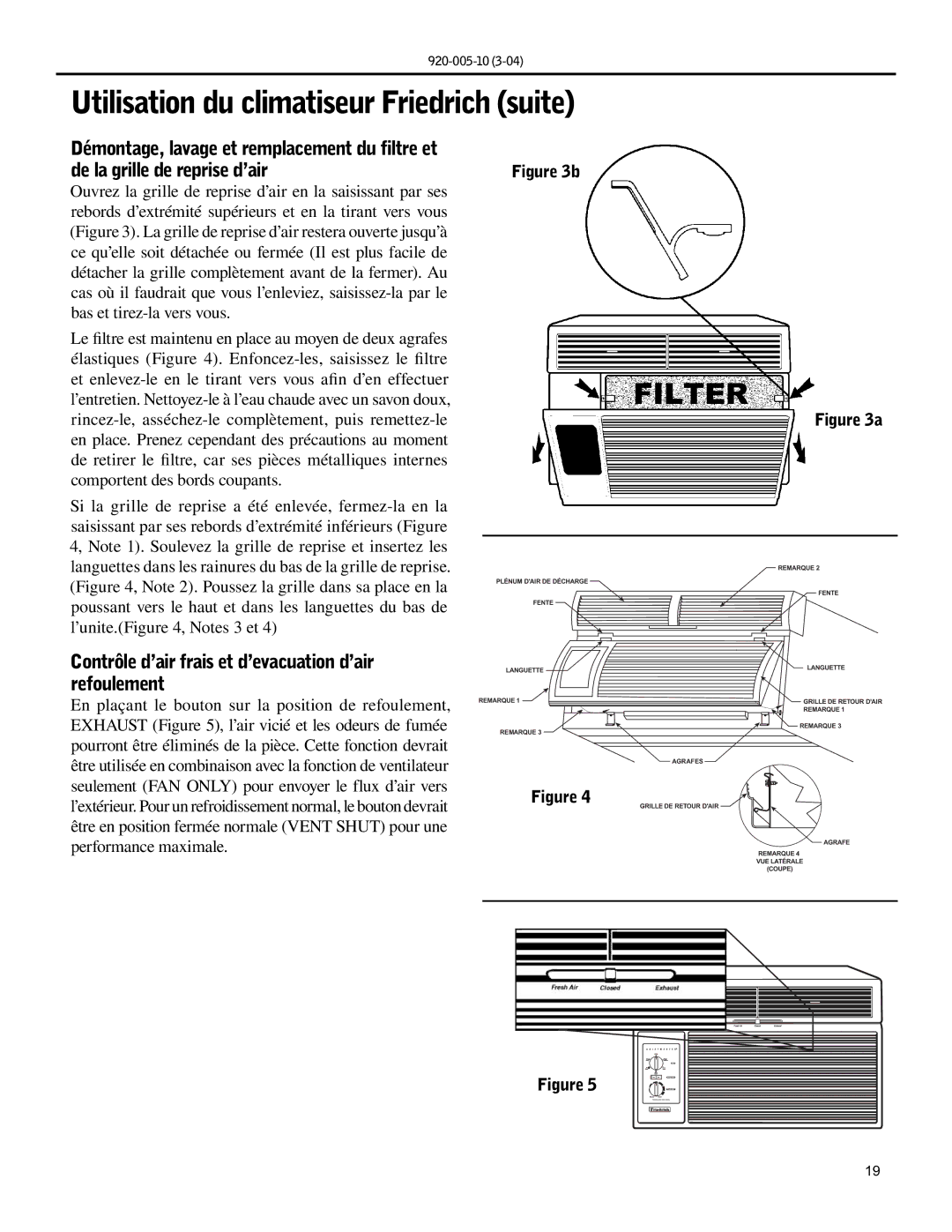 Friedrich KM20, KS10 Utilisation du climatiseur Friedrich suite, Contrôle d’air frais et d’evacuation d’air refoulement 