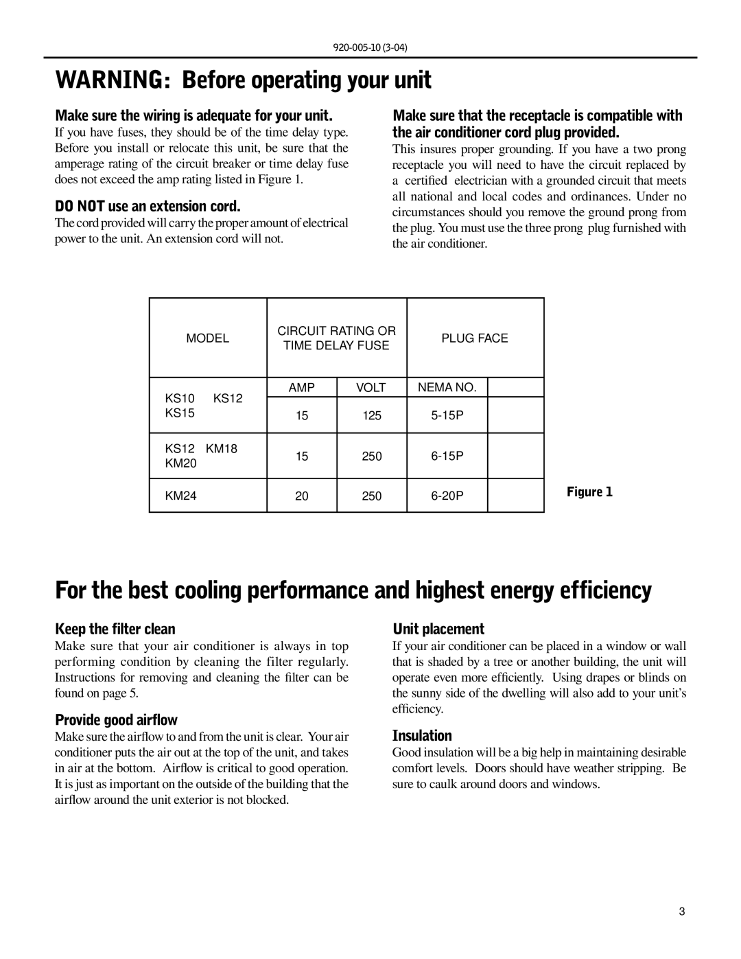 Friedrich KM20, KS10 Make sure the wiring is adequate for your unit, Do not use an extension cord, Keep the filter clean 