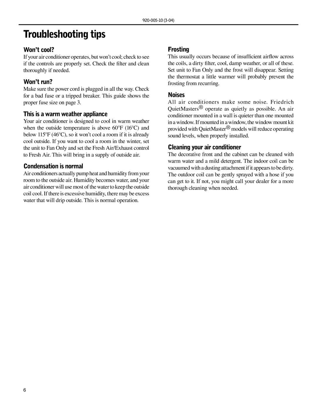 Friedrich KS10, KM20 manual Troubleshooting tips 