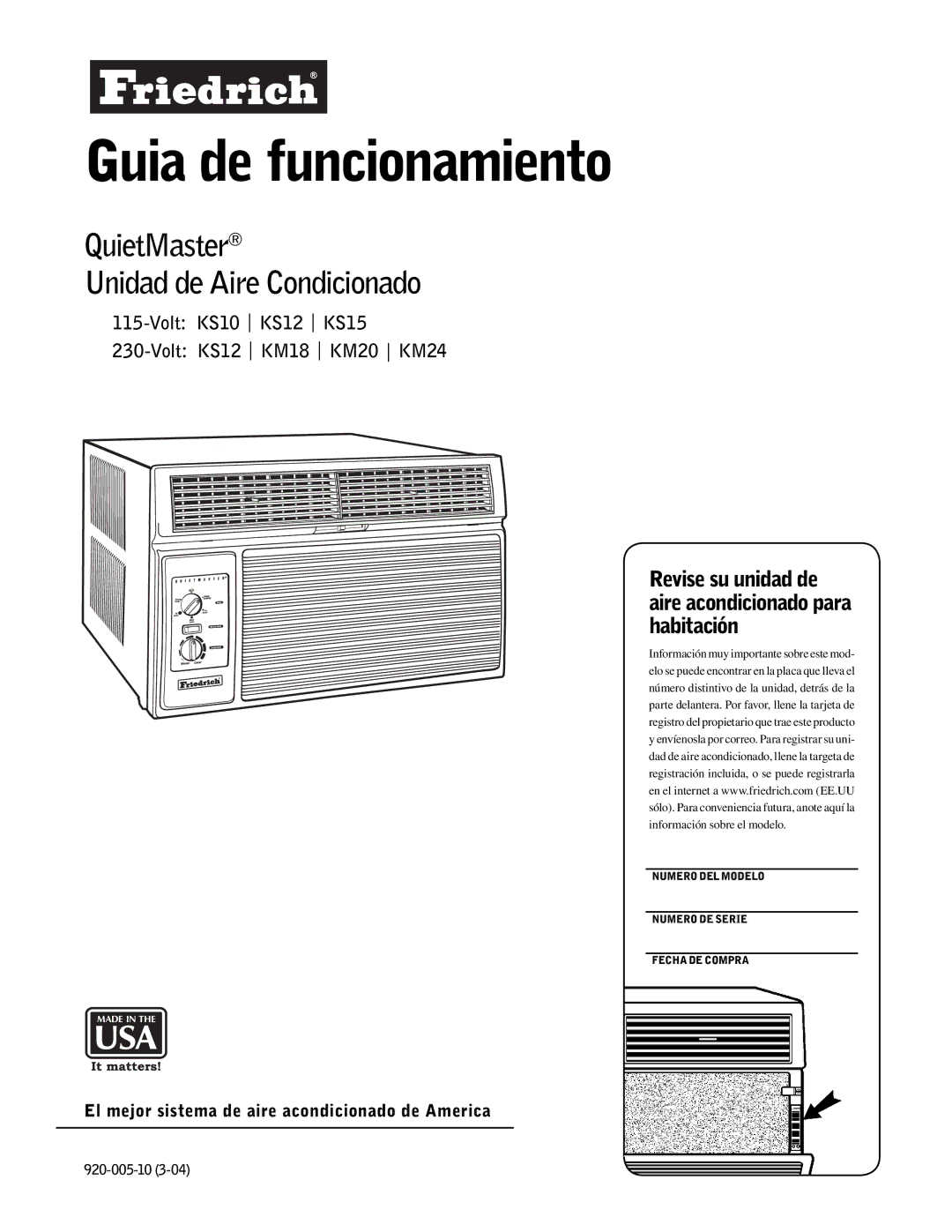 Friedrich KS10, KM20 manual Guia de funcionamiento, QuietMaster Unidad de Aire Condicionado 