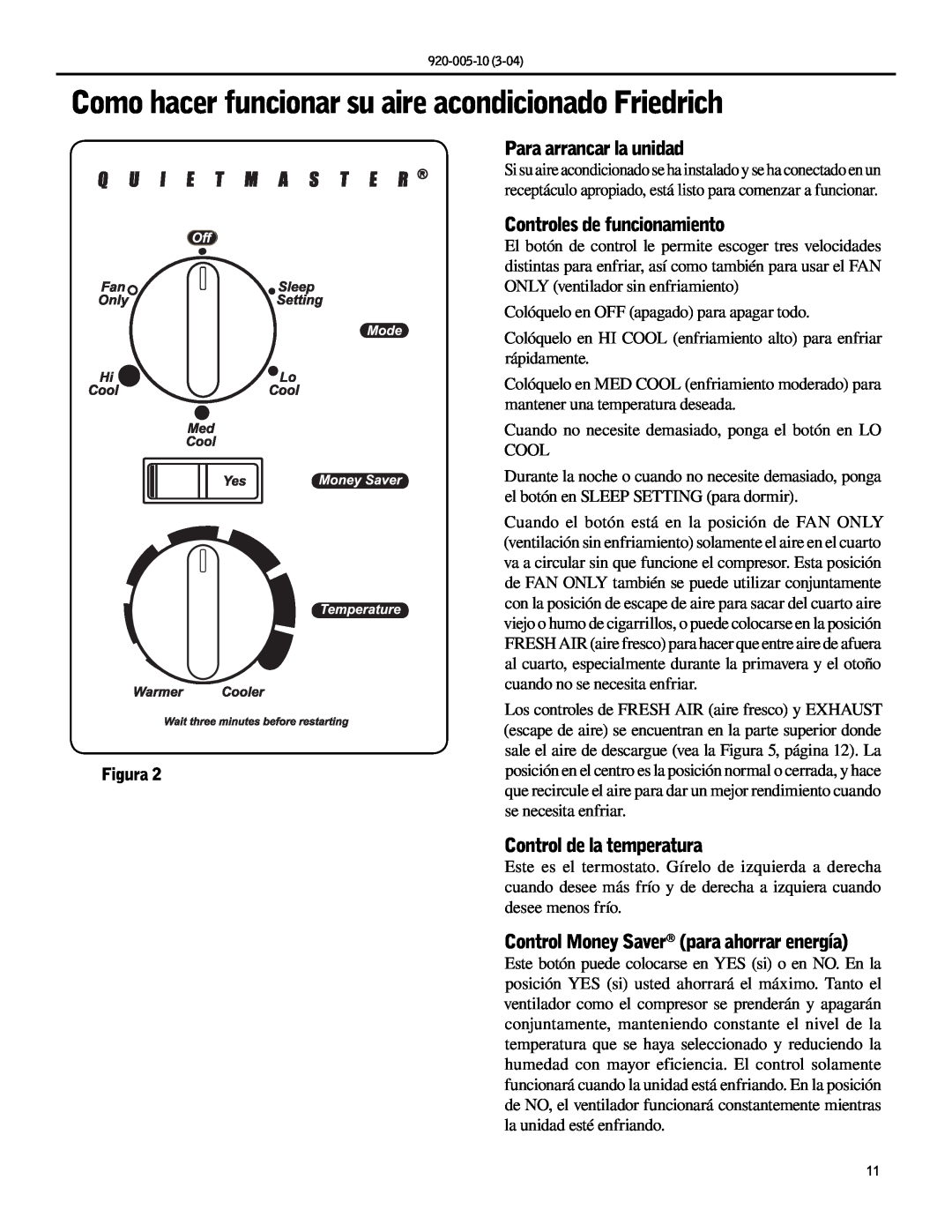 Friedrich KM20, KS10 manual Para arrancar la unidad, Controles de funcionamiento, Control de la temperatura, Figura 