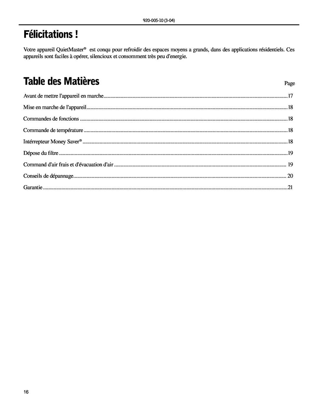 Friedrich KS10, KM20 manual Félicitations, Table des Matières 