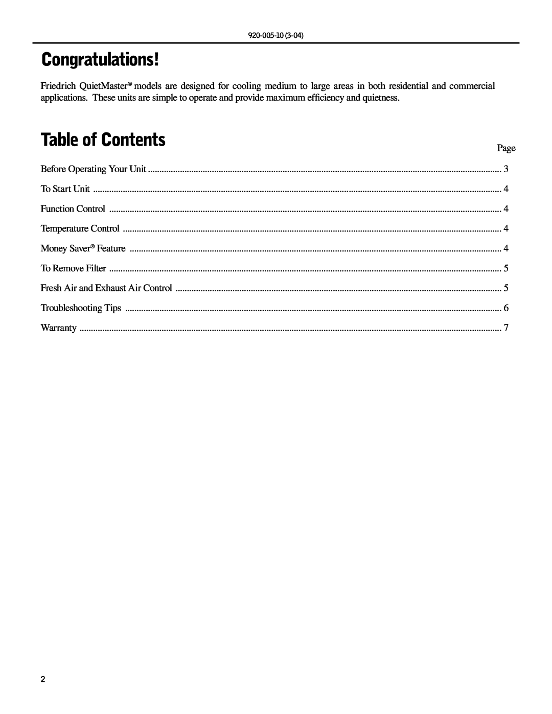 Friedrich KS10, KM20 manual Congratulations, Table of Contents 