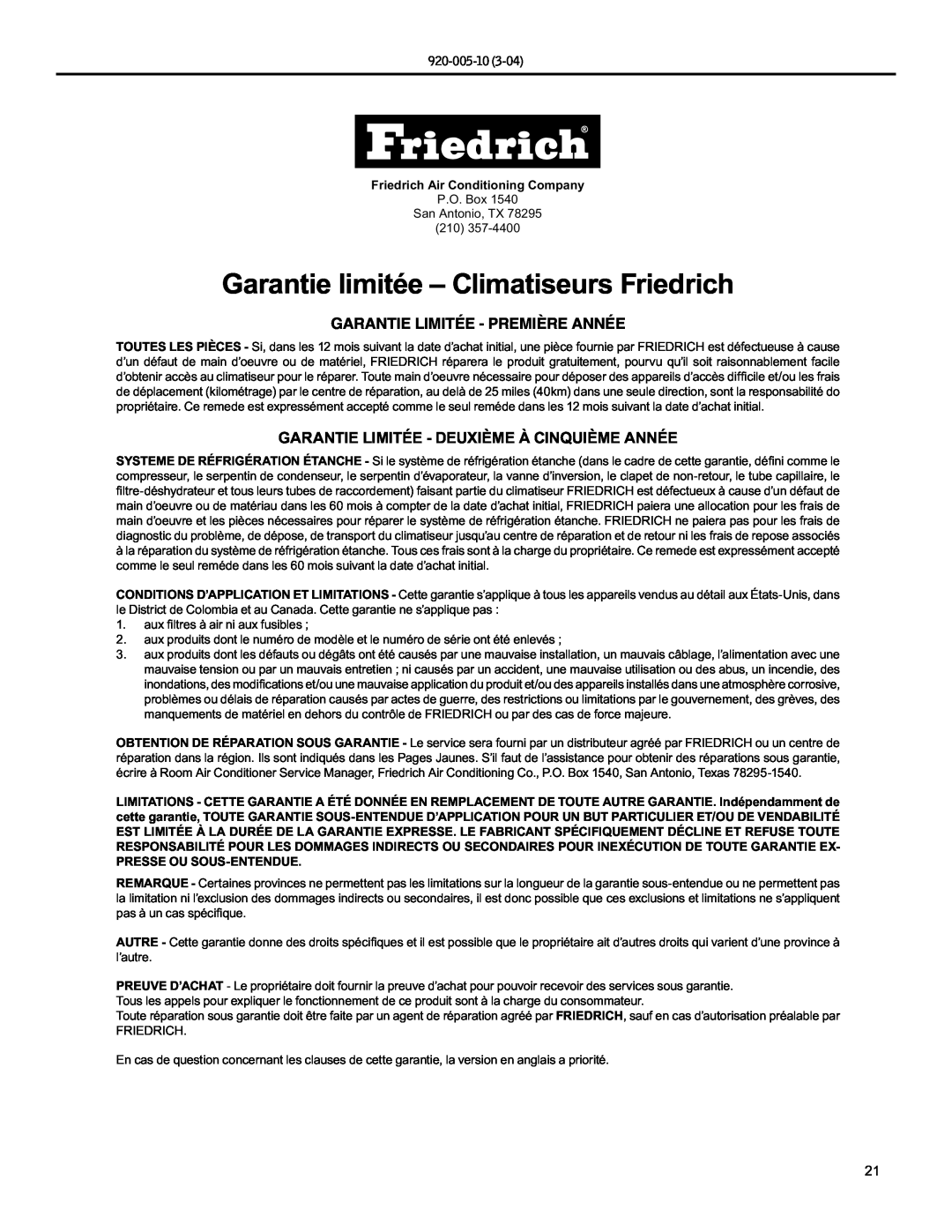 Friedrich KM20, KS10 manual Garantie limitée - Climatiseurs Friedrich, Garantie Limitée - Première Année, 920-005-10 