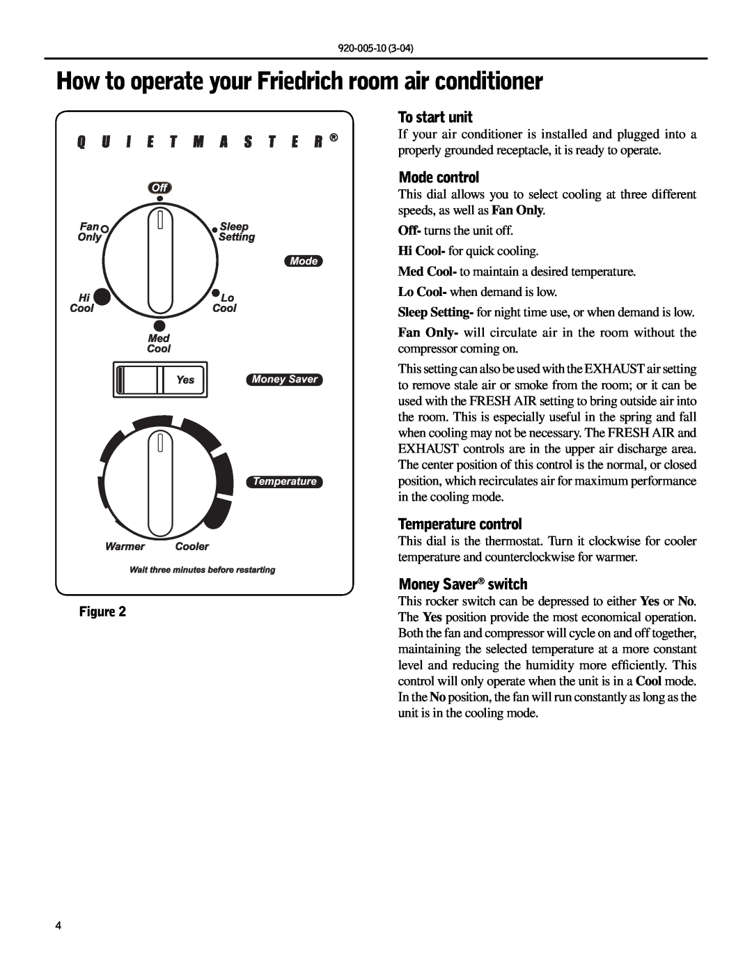 Friedrich KS10, KM20 manual To start unit, Mode control, Temperature control, Money Saver switch 