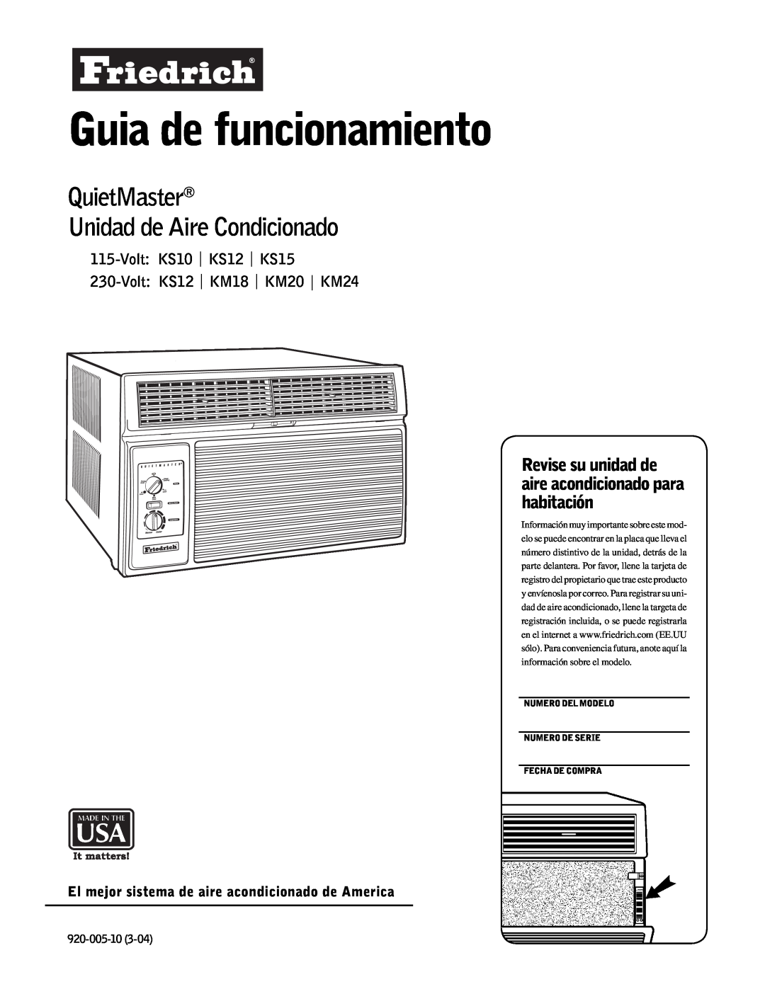 Friedrich KM20 manual Guia de funcionamiento, QuietMaster Unidad de Aire Condicionado, Volt KS10 KS12 KS15, 920-005-10 