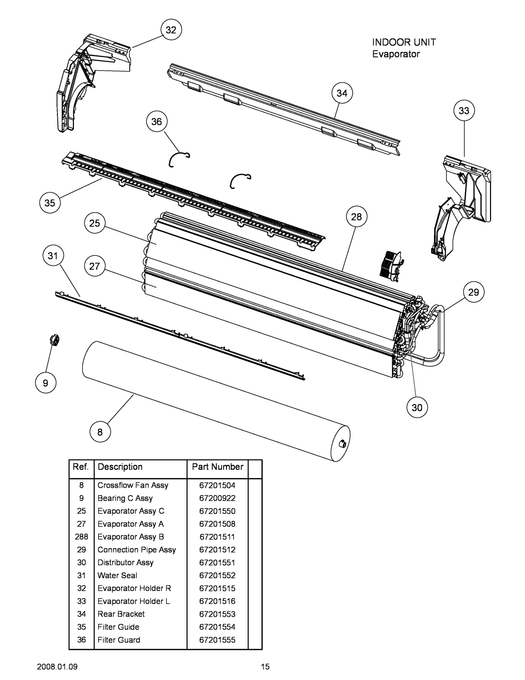 Friedrich M30CF specifications INDOOR UNIT Evaporator, Description, Part Number 