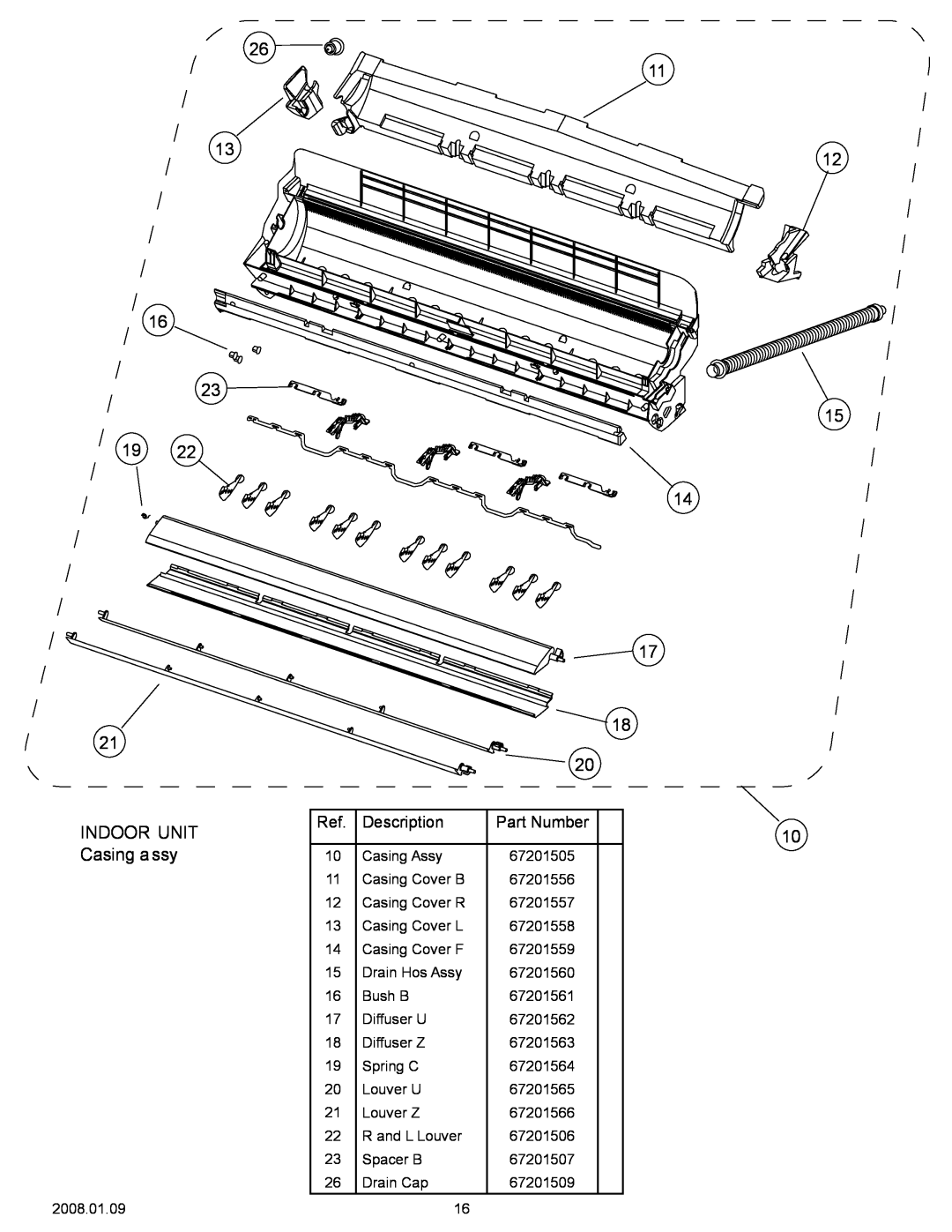Friedrich M30CF specifications INDOOR UNIT Casing assy, 26 13, Description, Part Number 