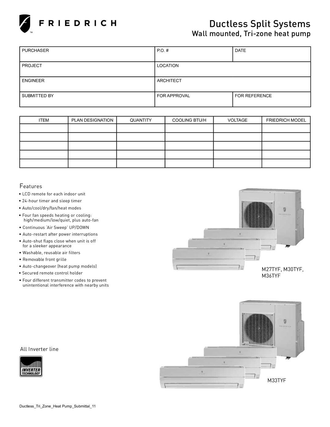 Friedrich M36TYF2, M33TYF, M30TYF, M27TYF, M36TYF1 manual Features, All Inverter line 