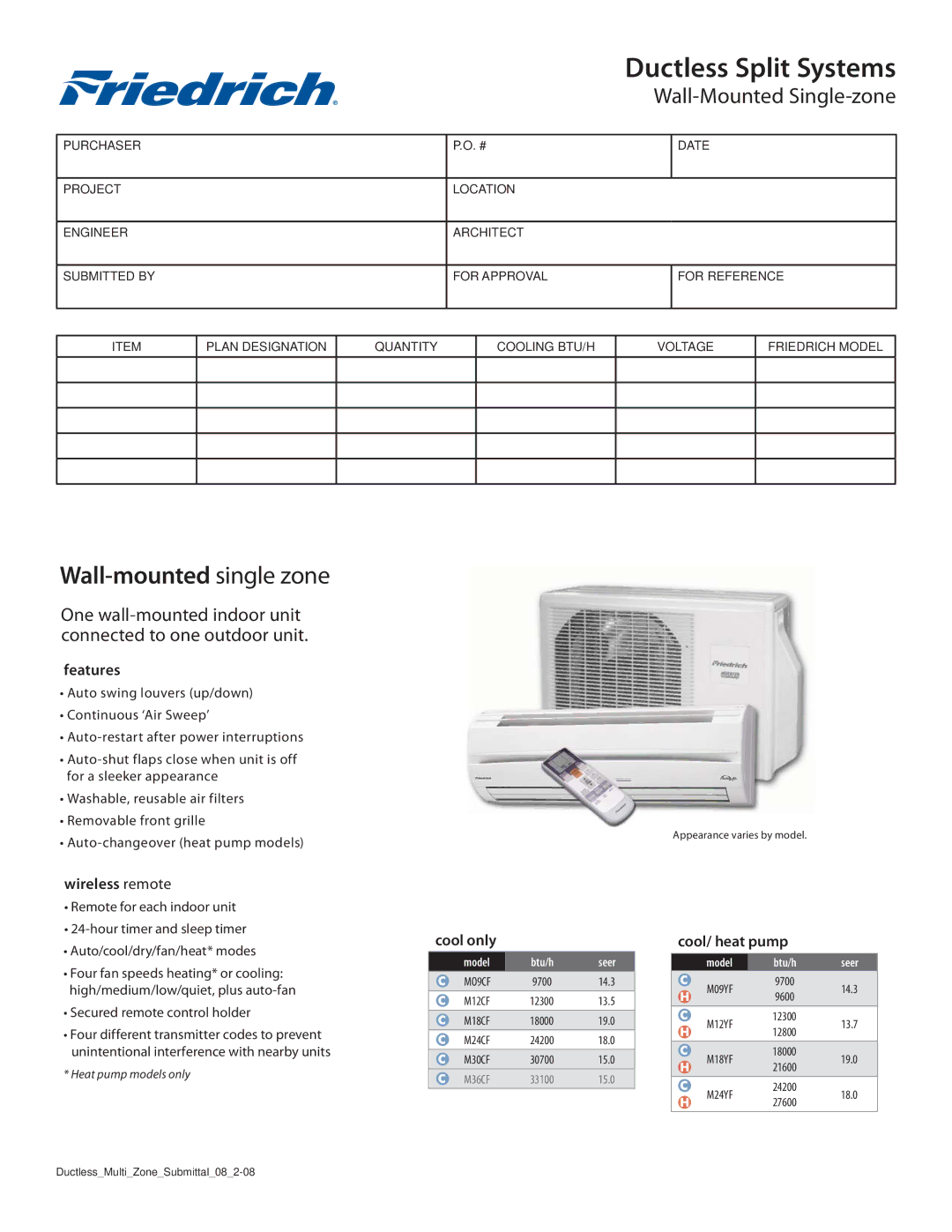 Friedrich M09CF, M36CF manual Features, Wireless remote, Cool only, Cool/ heat pump 