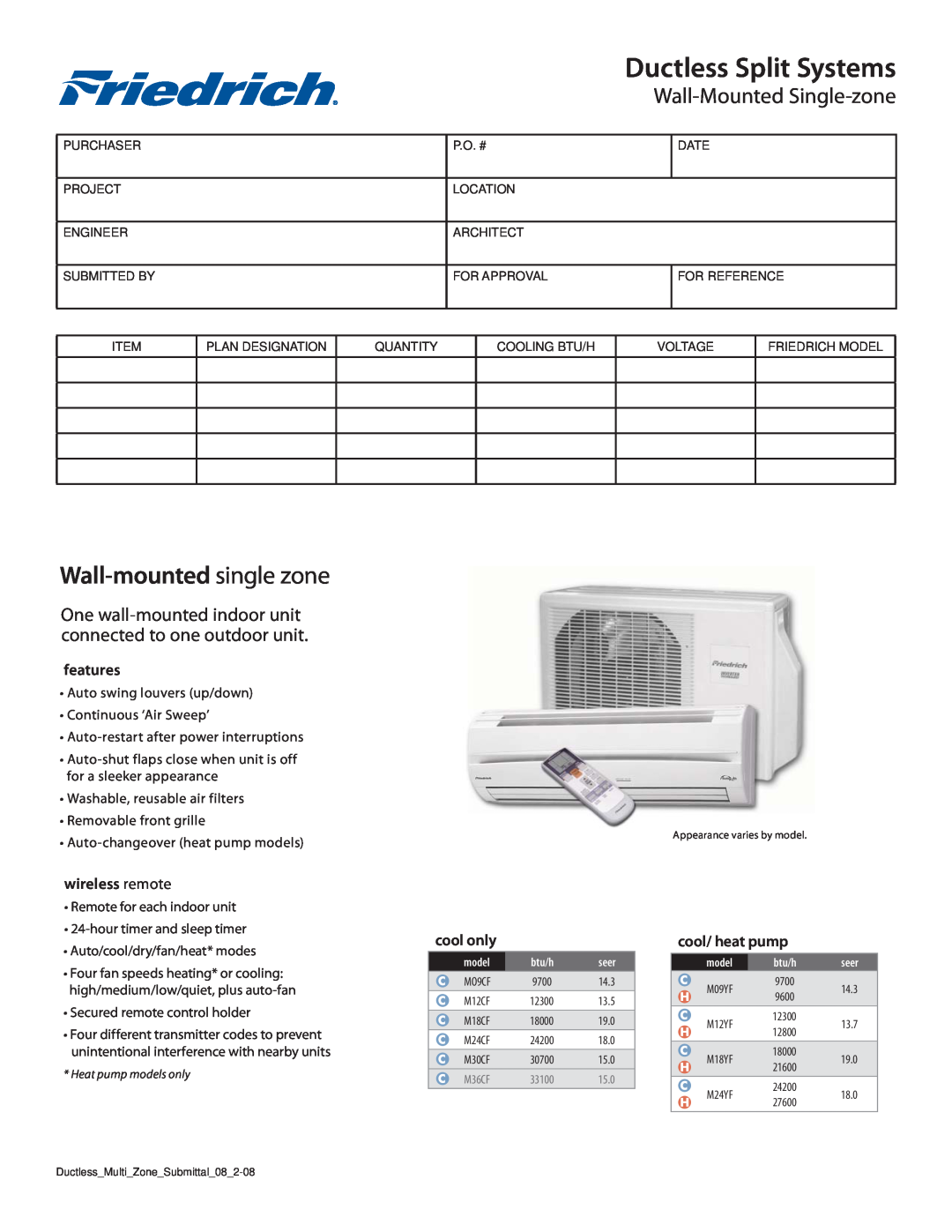 Friedrich M09CF, M36CF manual features, wireless remote, cool only, cool/ heat pump, Ductless Split Systems 