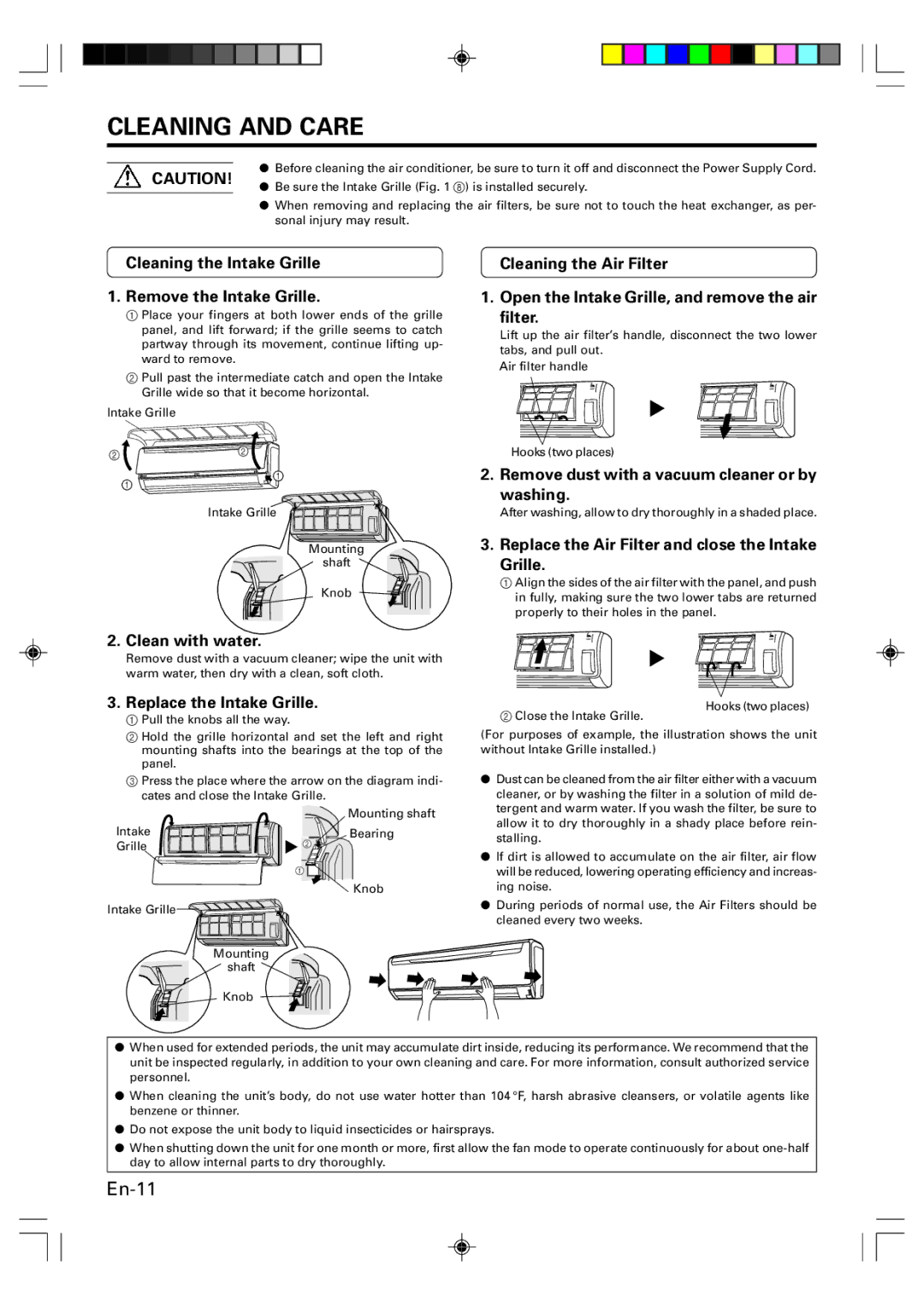 Friedrich MR09Y1F, MR12Y1F operation manual Cleaning and Care 