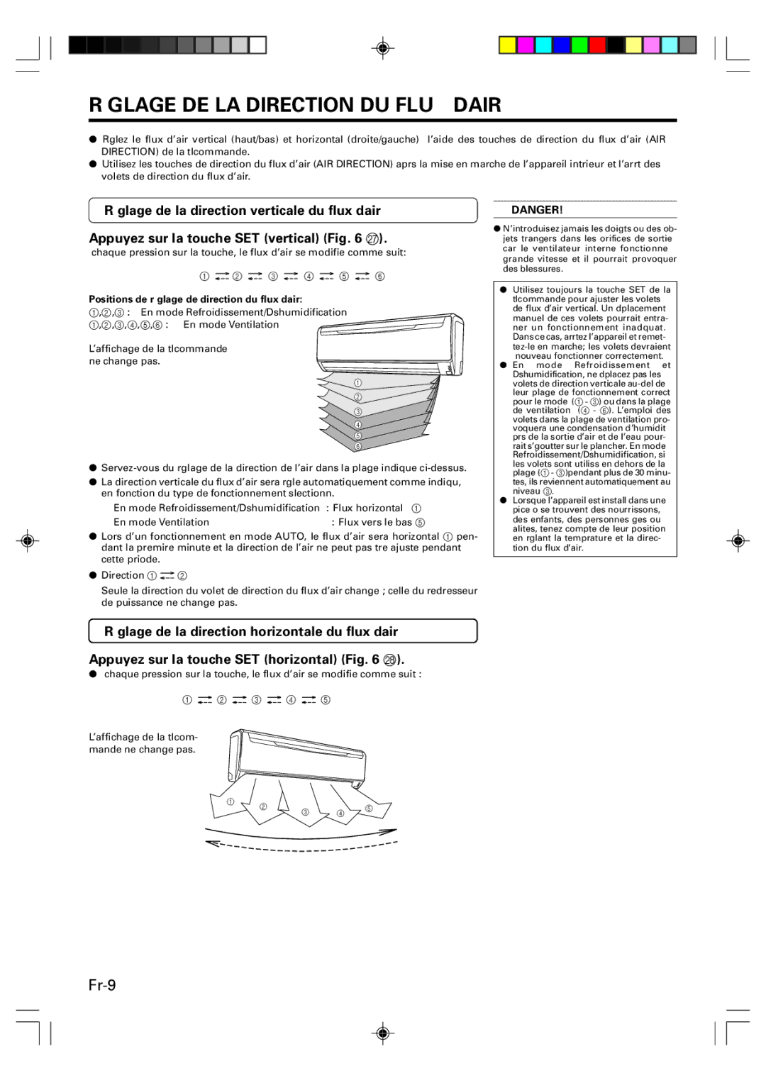 Friedrich MR09Y1F, MR12Y1F Réglage DE LA Direction DU Flux D’AIR, Positions de réglage de direction du flux d’air 