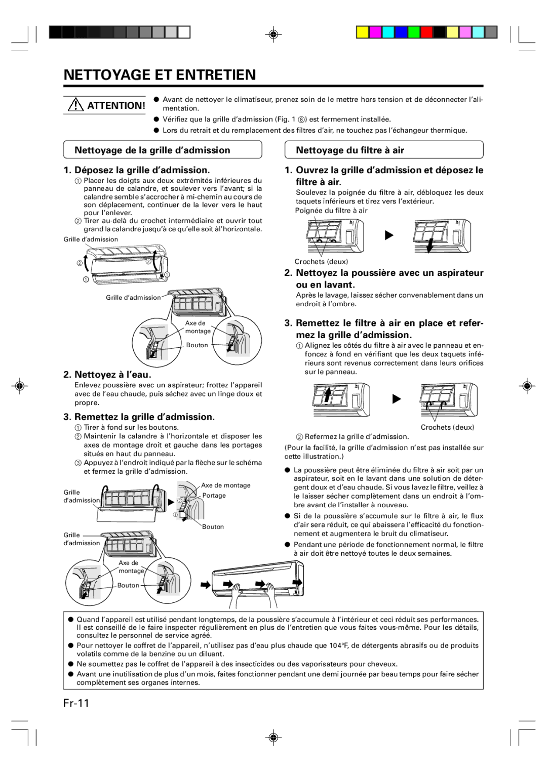 Friedrich MR09Y1F, MR12Y1F operation manual Nettoyage ET Entretien, Nettoyez à l’eau, Remettez la grille d’admission 