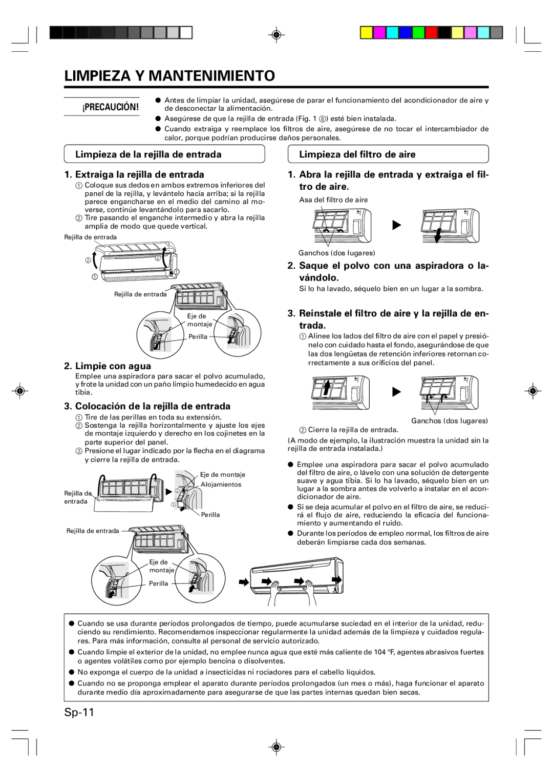 Friedrich MR09Y1F, MR12Y1F operation manual Limpieza Y Mantenimiento, Limpie con agua, Colocación de la rejilla de entrada 