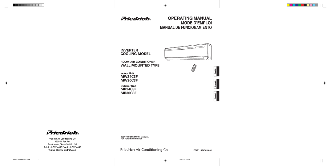 Friedrich MR12Y1F operation manual Operating Manual, Mode D’Emploi, Inverter Cooling Model, Wall Mounted Type, Indoor Unit 