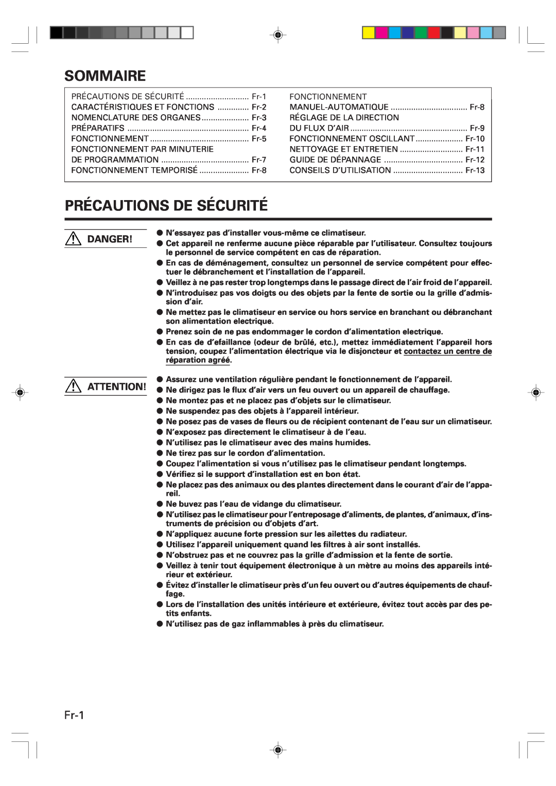 Friedrich MR09Y1F, MR12Y1F operation manual Sommaire, Précautions De Sécurité, Fr-1, Danger 