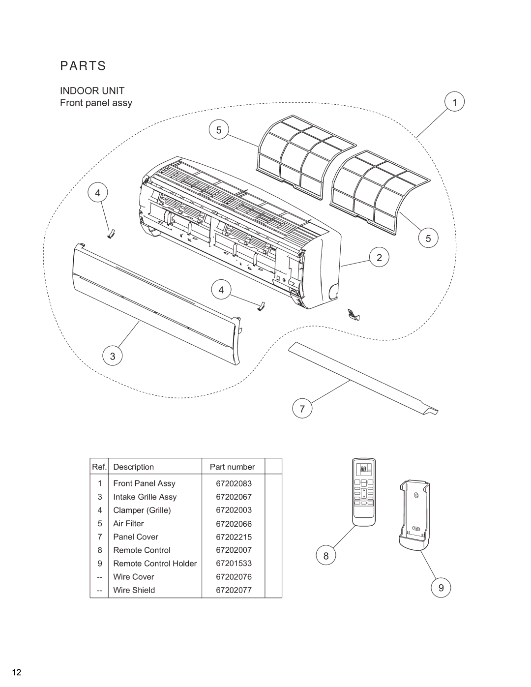 Friedrich MR12Y3H, MR09Y3H manual Parts, Front panel assy 