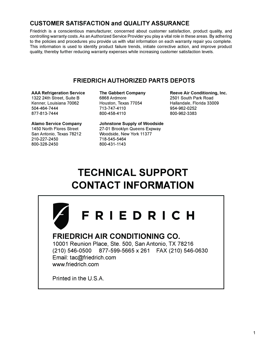 Friedrich MR09Y3H, MR12Y3H manual Customer Satisfaction and Quality Assurance, Friedrich Authorized Parts Depots 