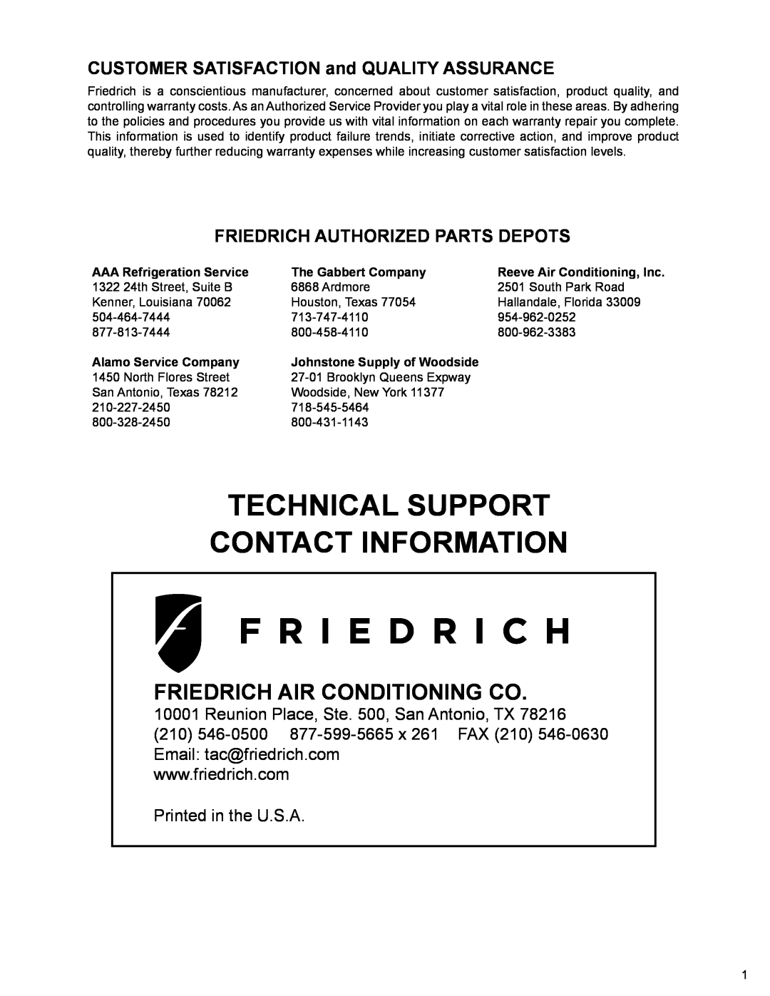 Friedrich MR09Y3H Technical Support Contact Information, CUSTOMER SATISFACTION and QUALITY ASSURANCE, The Gabbert Company 