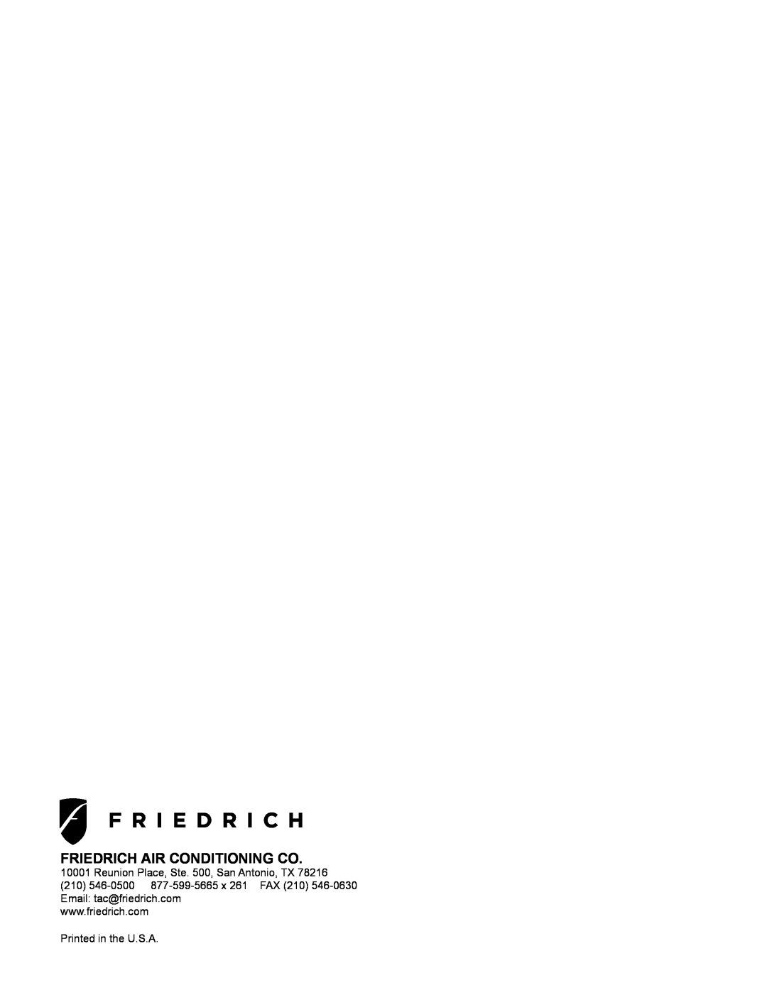 Friedrich MR12Y3H, MR09Y3H manual Friedrich Air Conditioning Co, Reunion Place, Ste. 500, San Antonio, TX 