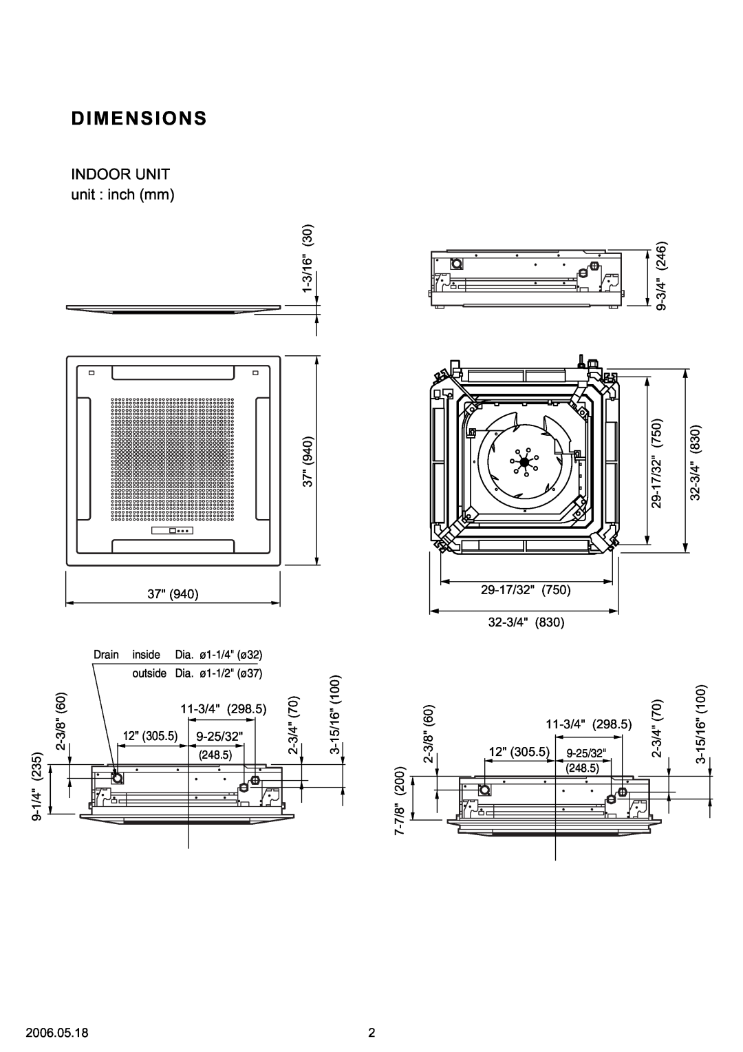 Friedrich MC24Y3F, MR24UY3F specifications Dimensions, INDOOR UNIT unit inch mm 