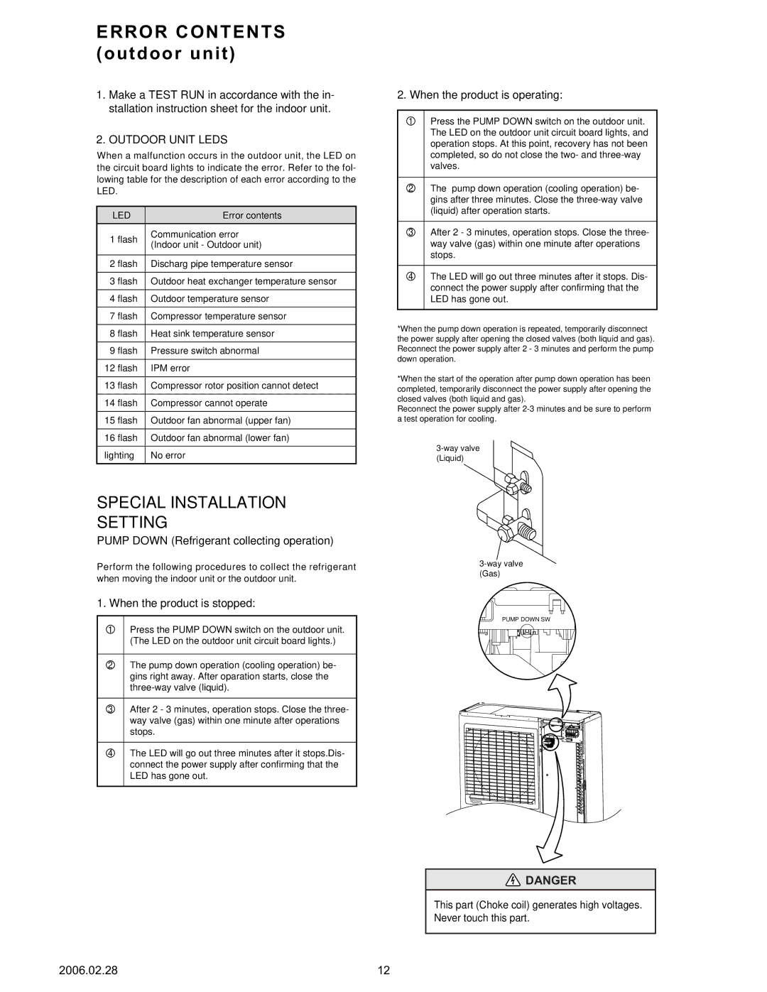 Friedrich MS36Y3F, MR36Y3F specifications Error Contents outdoor unit 