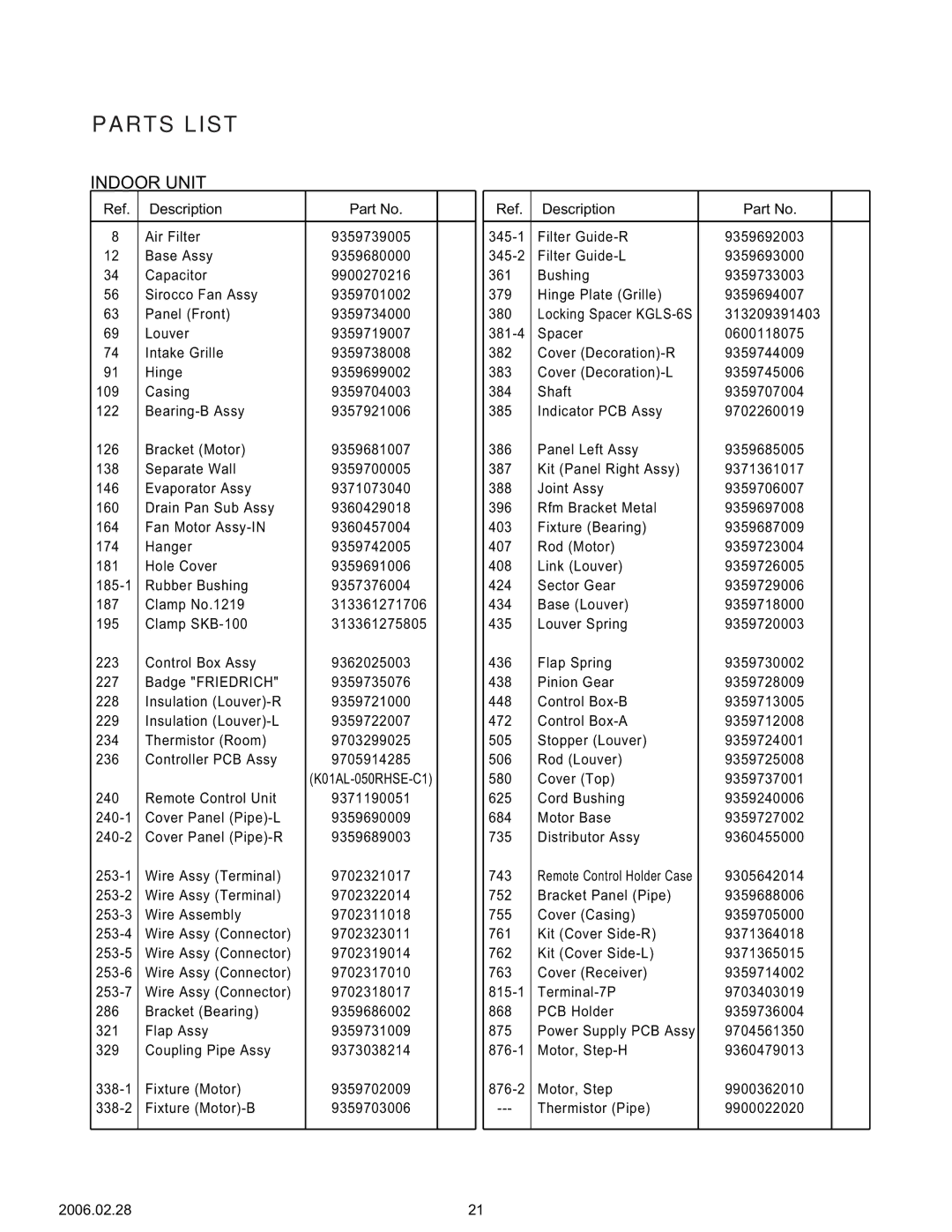 Friedrich MR36Y3F, MS36Y3F specifications Parts List 