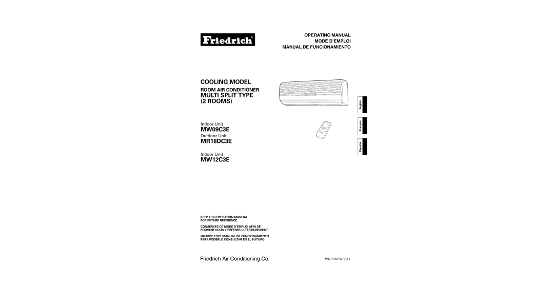 Friedrich MW12C3E, MW09C3E, MR18DC3E operation manual Cooling Model 